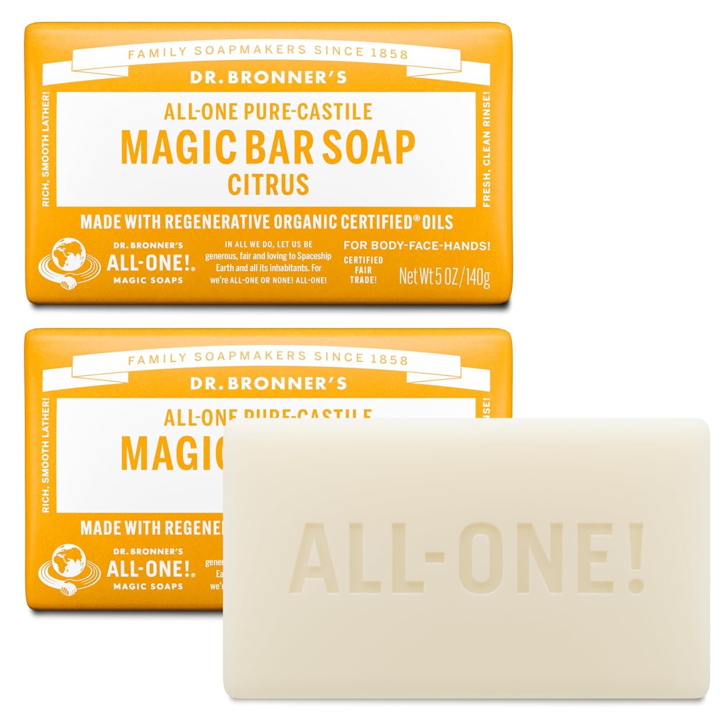 Dr. Bronner’s Pure-Castile Bar Soap for Men & Women, Citrus, 5 oz, 2-Pack