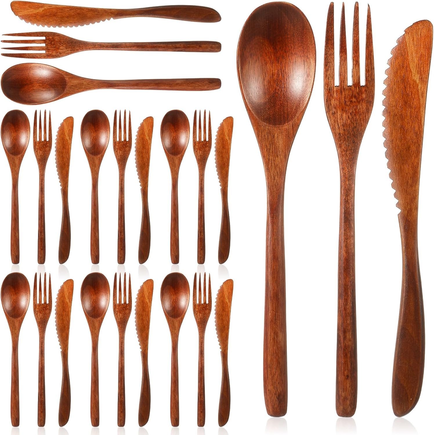 24 Pcs Wooden Utensil Set for Eating Wooden Spoon Fork Knife Wood Cutlery