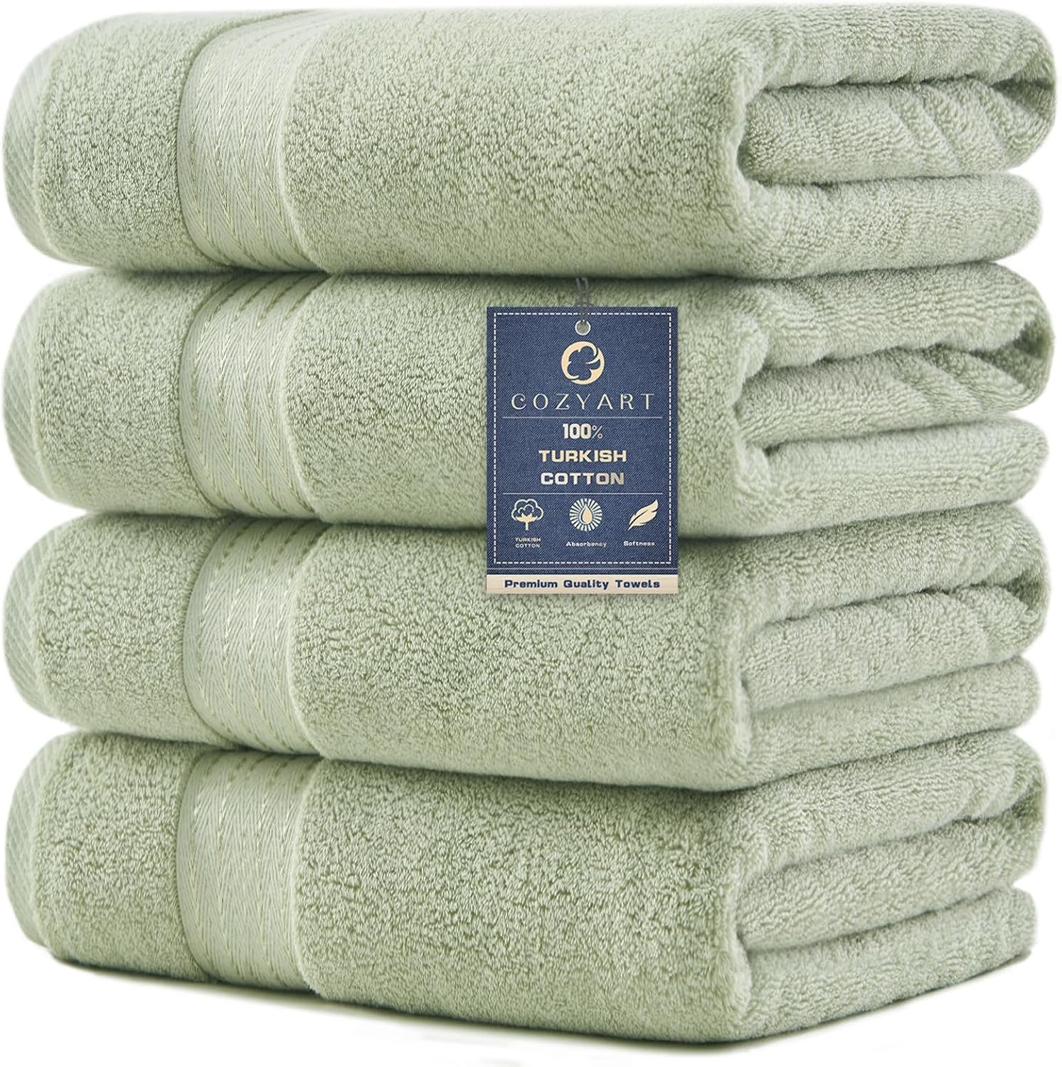 COZYART Luxury Bath Towels 4 PCS, 27×54 650 GSM Turkish Cotton, Sage Green
