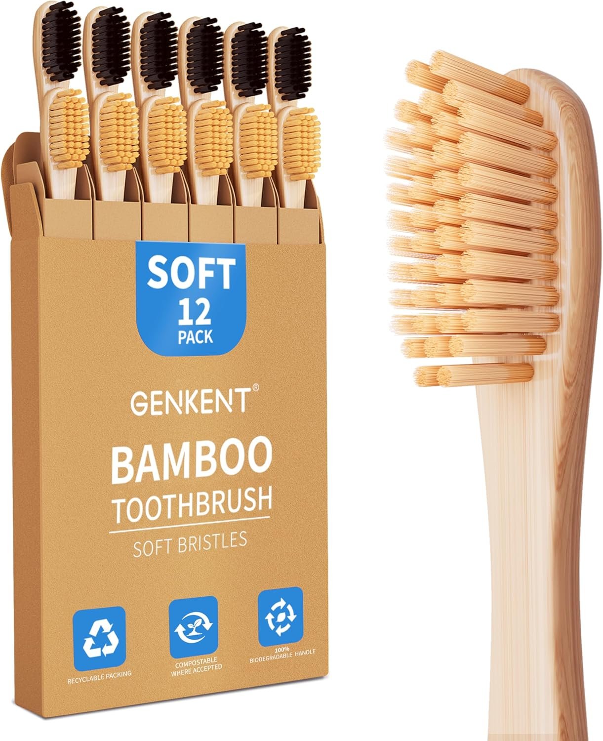 GENKENT Bamboo Toothbrushes 12 Pack BPA Free Soft Bristles Toothbrush