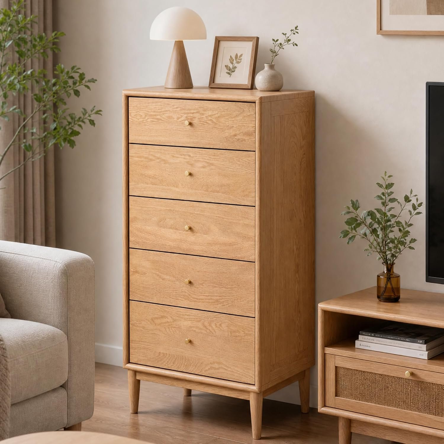 Solid Oak Wood Dresser, 5 Drawer Dresser for Bedroom, Solid Wood Nightstand with Drawers, Modern Chest of Drawers for Living Room, Hallway, Closet, Natural Oak (20″ W x 15.75″ D x 43.6″ H)