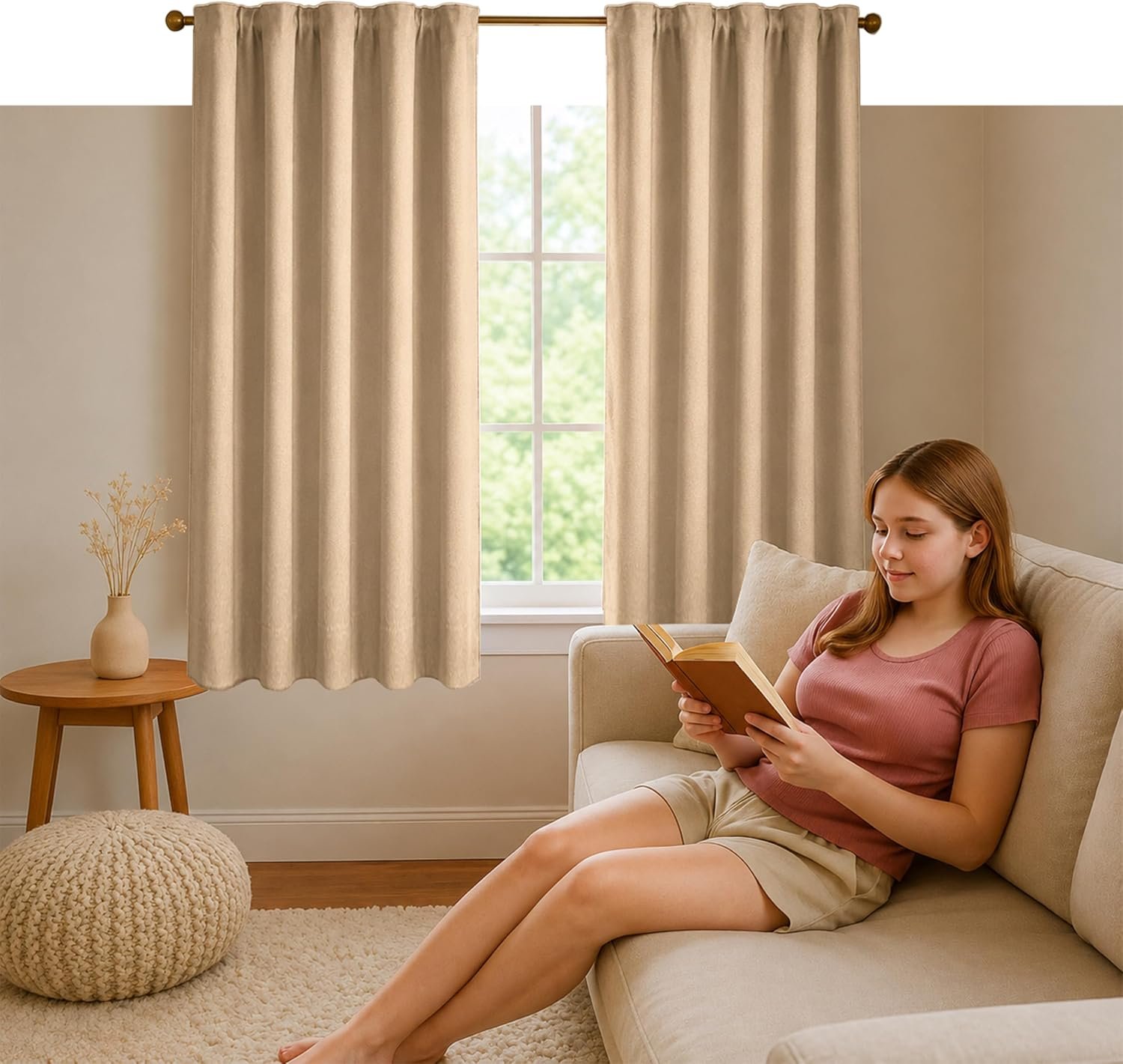 Native Fab Beige 100% Cotton Curtain Panels 54″ W x 63″ L, Light Filtering Window Panels for Bedroom, Living Room, Farmhouse Decor
