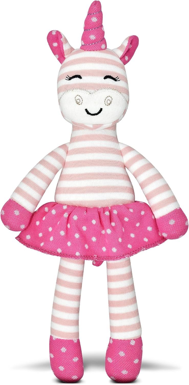 Apple Park Organic Farm Buddies Dancing Unicorn 11.5″ Soft Toy | Non-Toxic, Hypoallergenic, 100% Organic Cotton for 0m+ | Stuffed Animal (Pink Stripe)