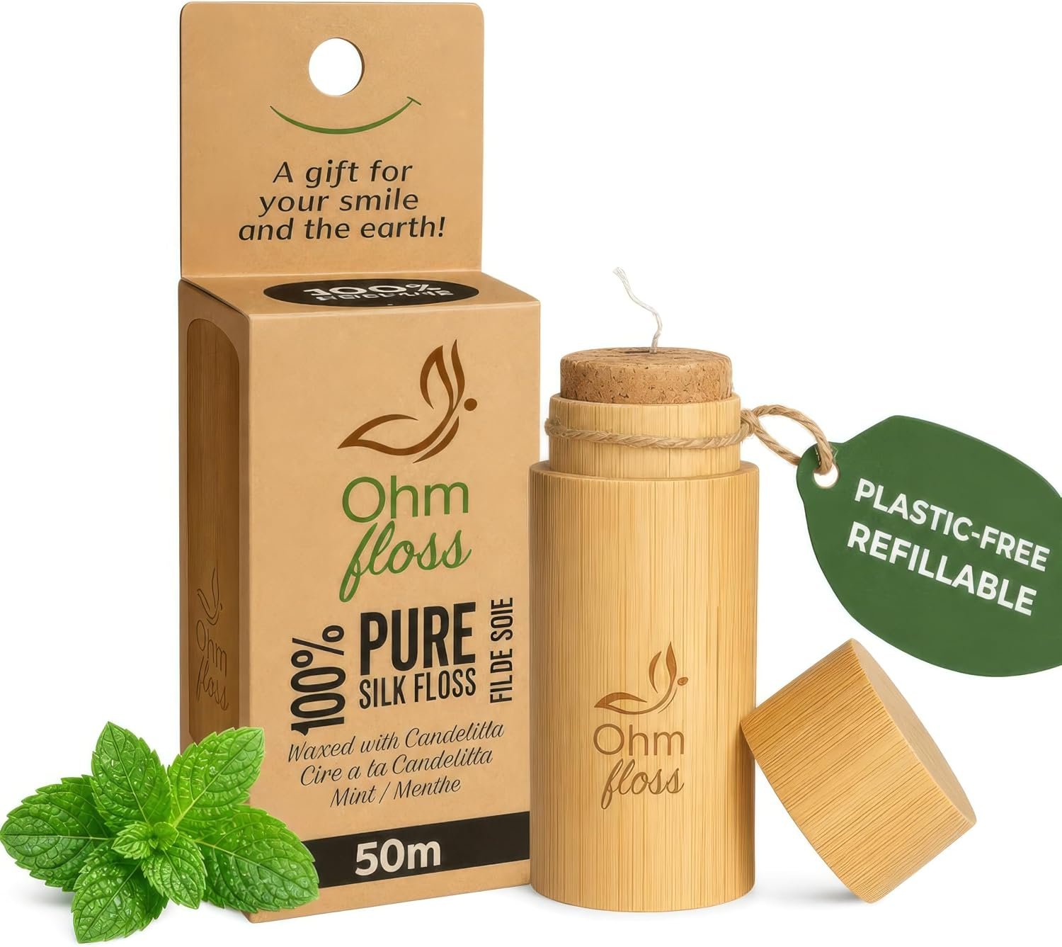 OHM Floss Silk Dental Floss, Plastic-Free & Non-Toxic + Refillable Bamboo Holder, Naturally Waxed with Candelilla 100% Biodegradable & Compostable 54 YD/50m, Eco-Friendly Oral Care (Natural Mint)