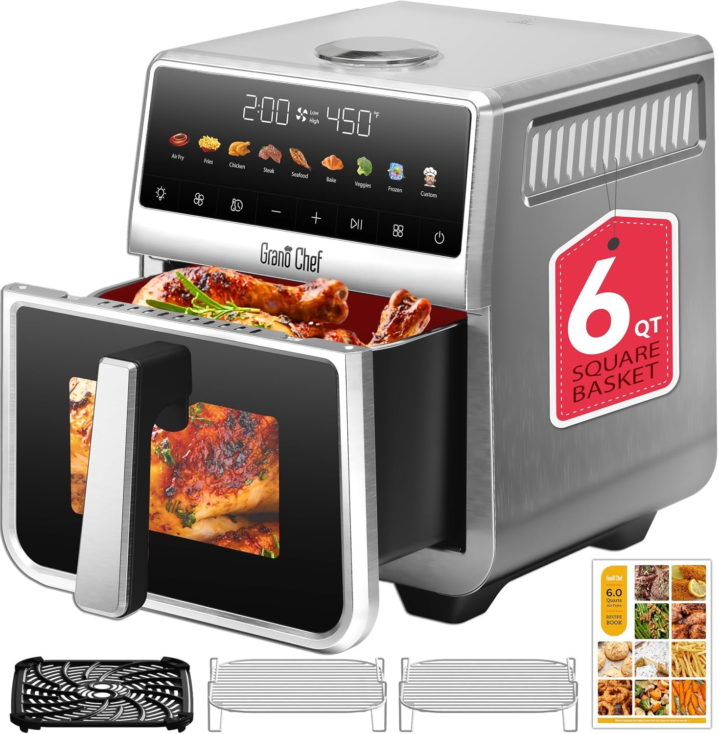 6Qt Stainless Steel Air Fryer Non Toxic, Ceramic Glaze, 120°F~450°F, 1700W