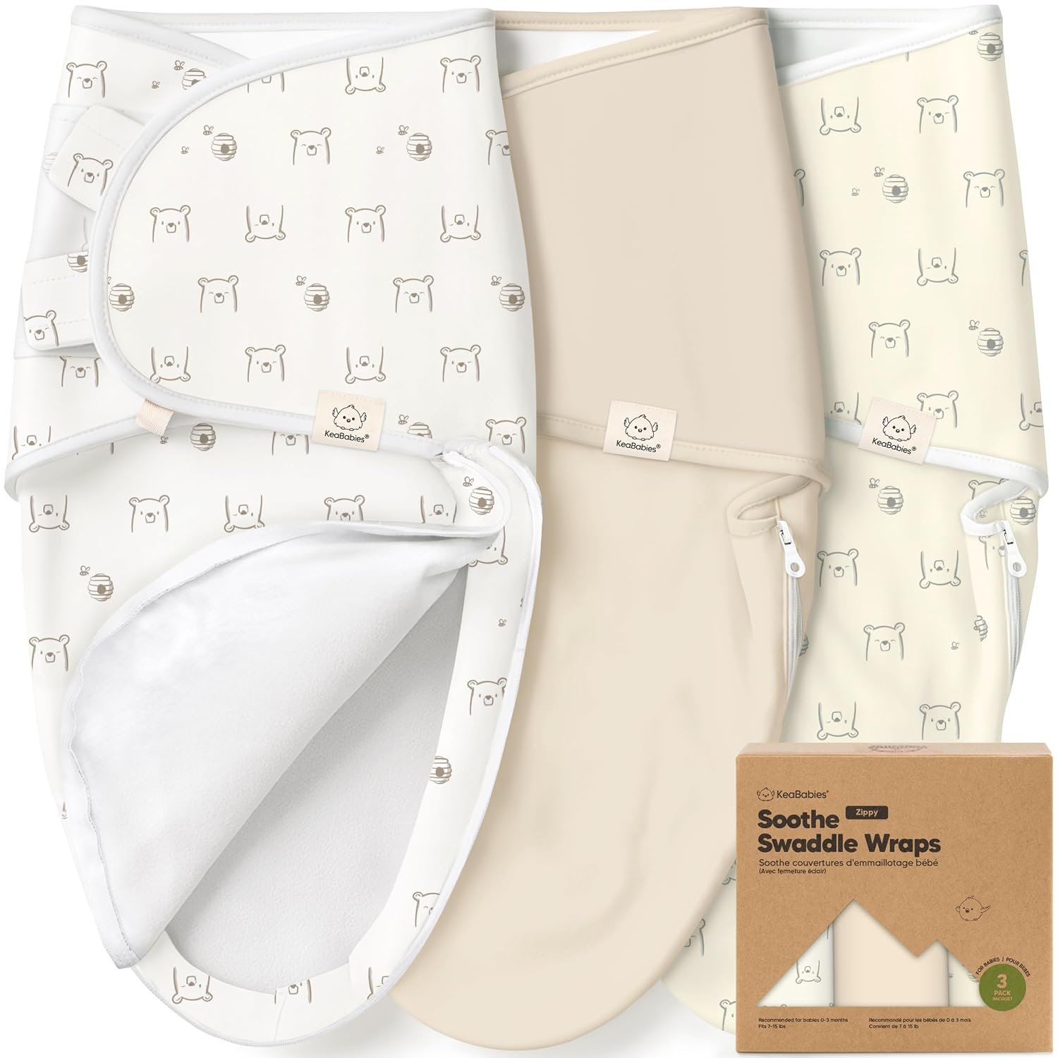Newborn Swaddles with Zippers, 3pk Baby Swaddle (Bumble Bear, 0-3M)