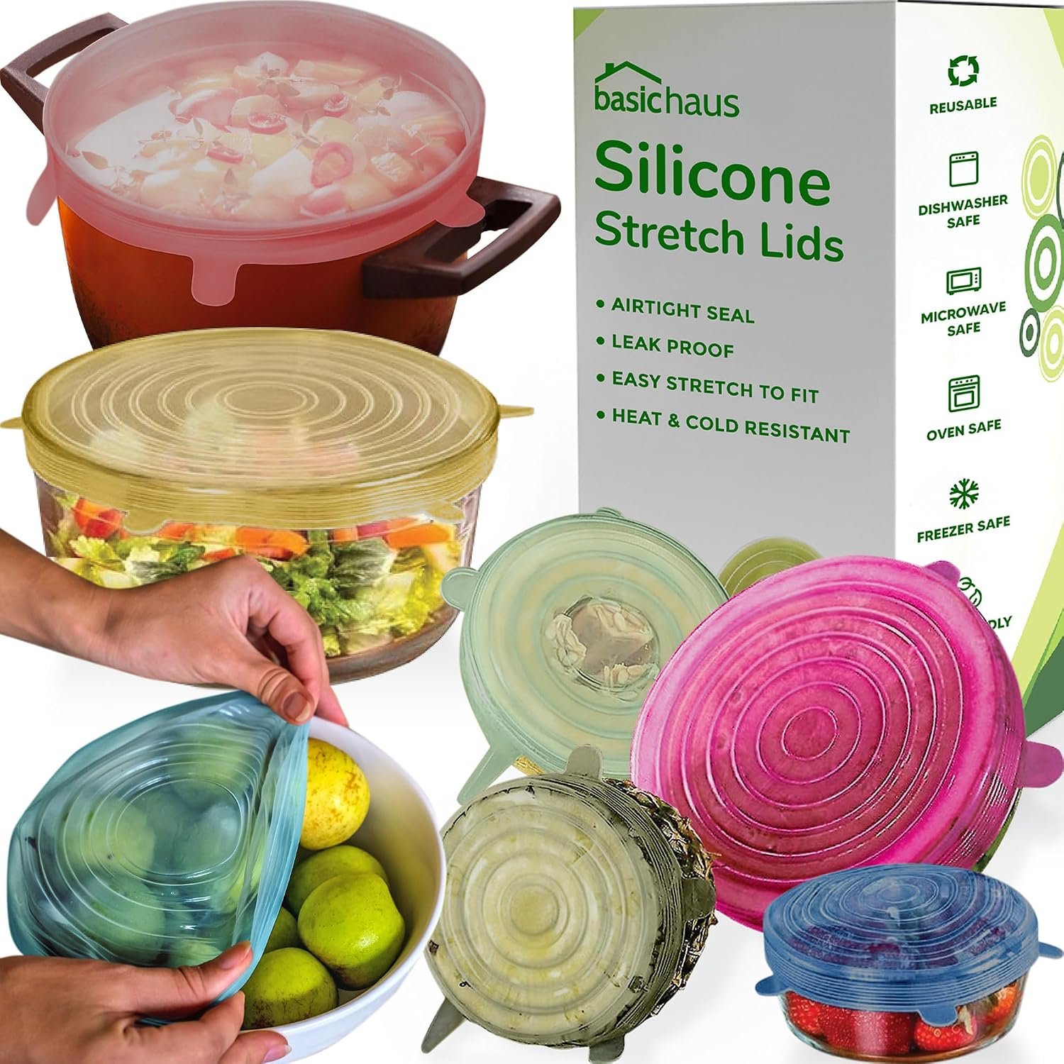 Reusable Silicone Stretch Lids for Food Storage in Fridge – Elastic Heat-Resistant Bowl Covers, Cups, Cans, Jars – Universal Food Grade Lid for Round and Rectangle Containers – 7 Pack – Multicolor