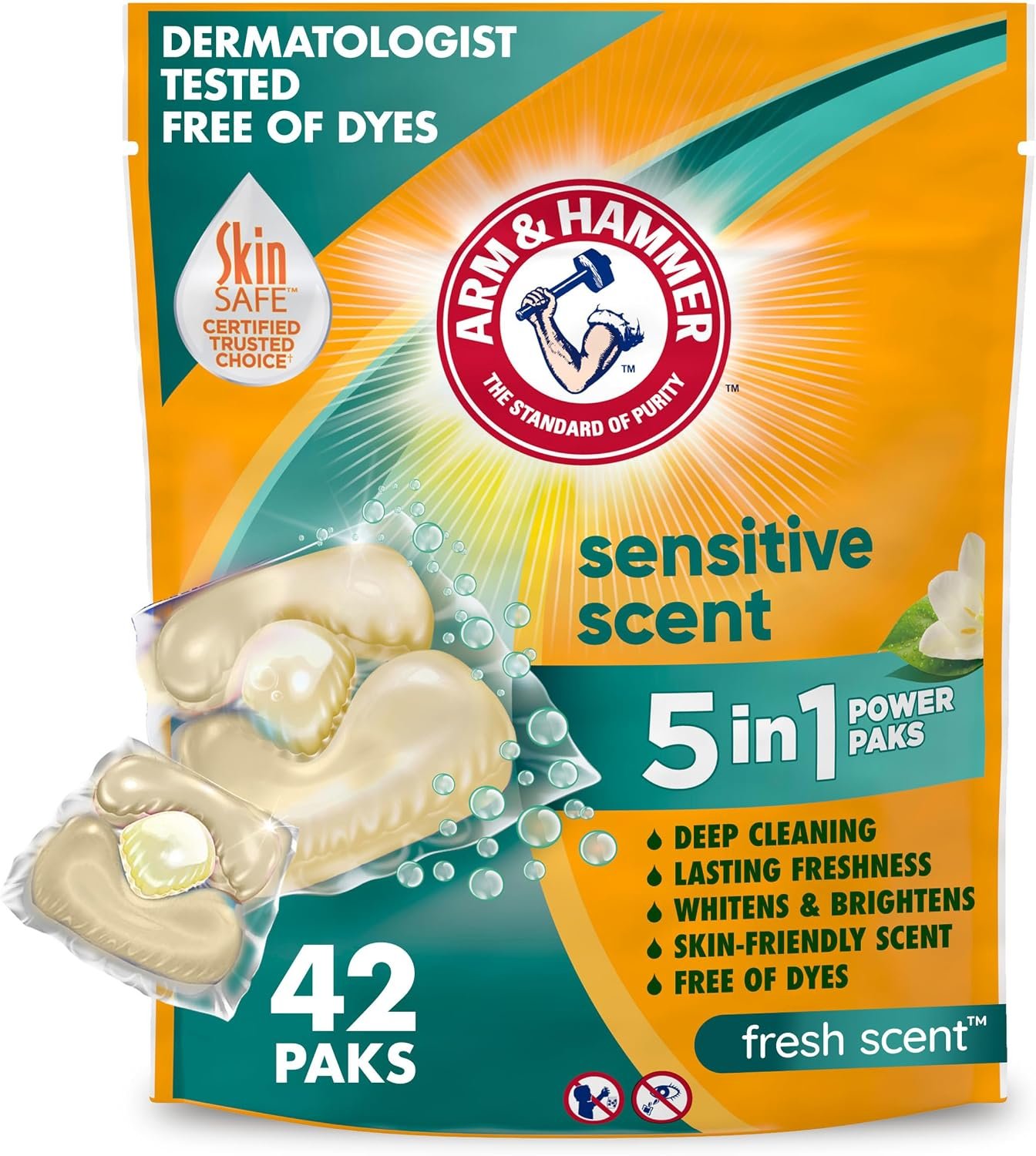 ARM & HAMMER Sensitive Skin Laundry Detergent Paks, Fresh Scent, 42 Count