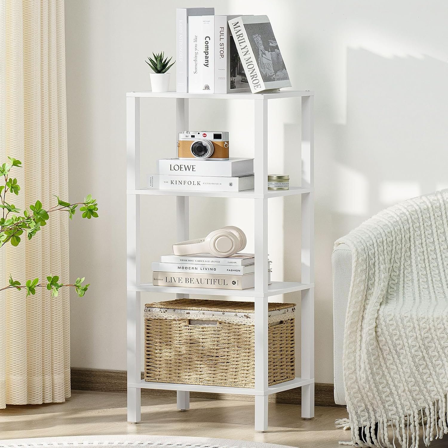 YUFAM 4 Tier Small Bookshelf, Narrow Tall Shelf, Wooden Book Shelf, White