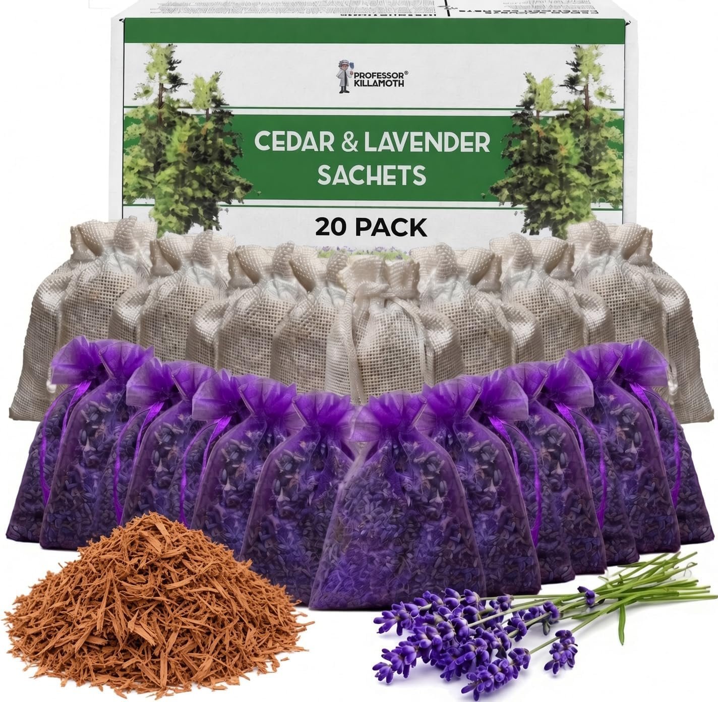 Professor Killamoth Cedar Chips and Lavender Sachets (20 Pack) – Stop Clothes Damage – Cedar and Lavendar Home Fragrance Sachets for Drawers and Closets