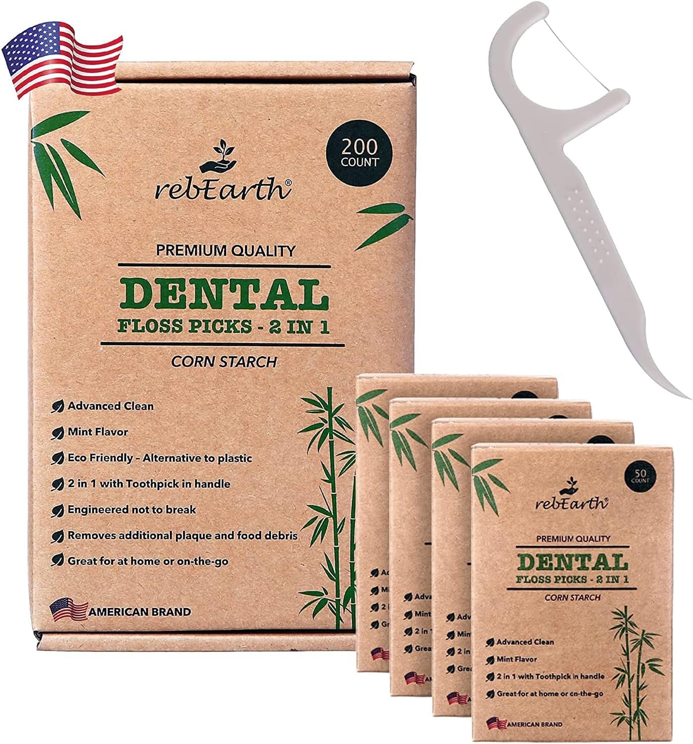 rebEarth Compostable Floss Picks 200 Count – Plant-Based, Tongue Cleaner