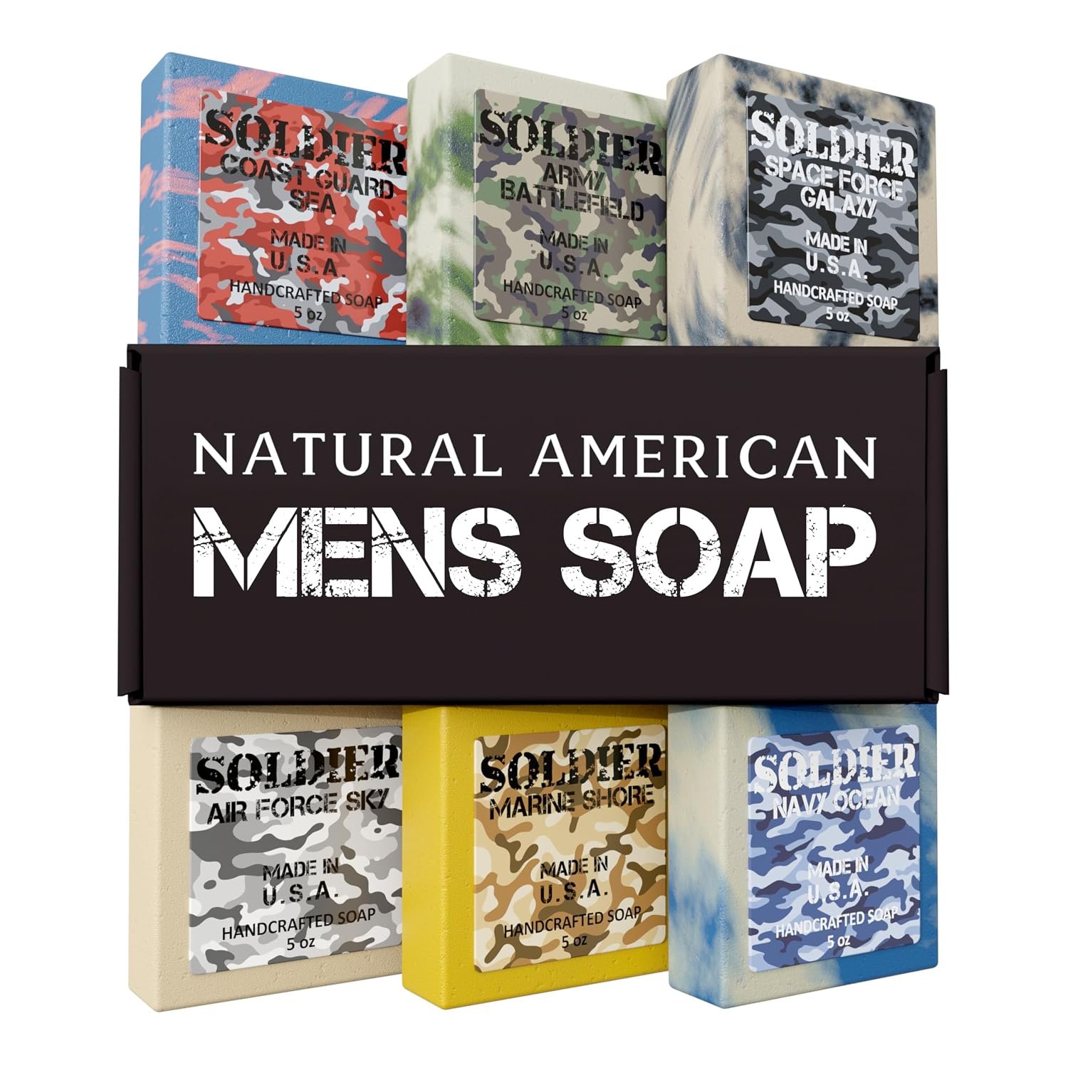 NATURAL AMERICAN SOLDIER Mens Bar Soap – Masculine Scents, 100% Natural Soap for Men – Essential Oils, Organic Shea Butter – Made in USA, Man Body Wash – 5 oz (6pk)