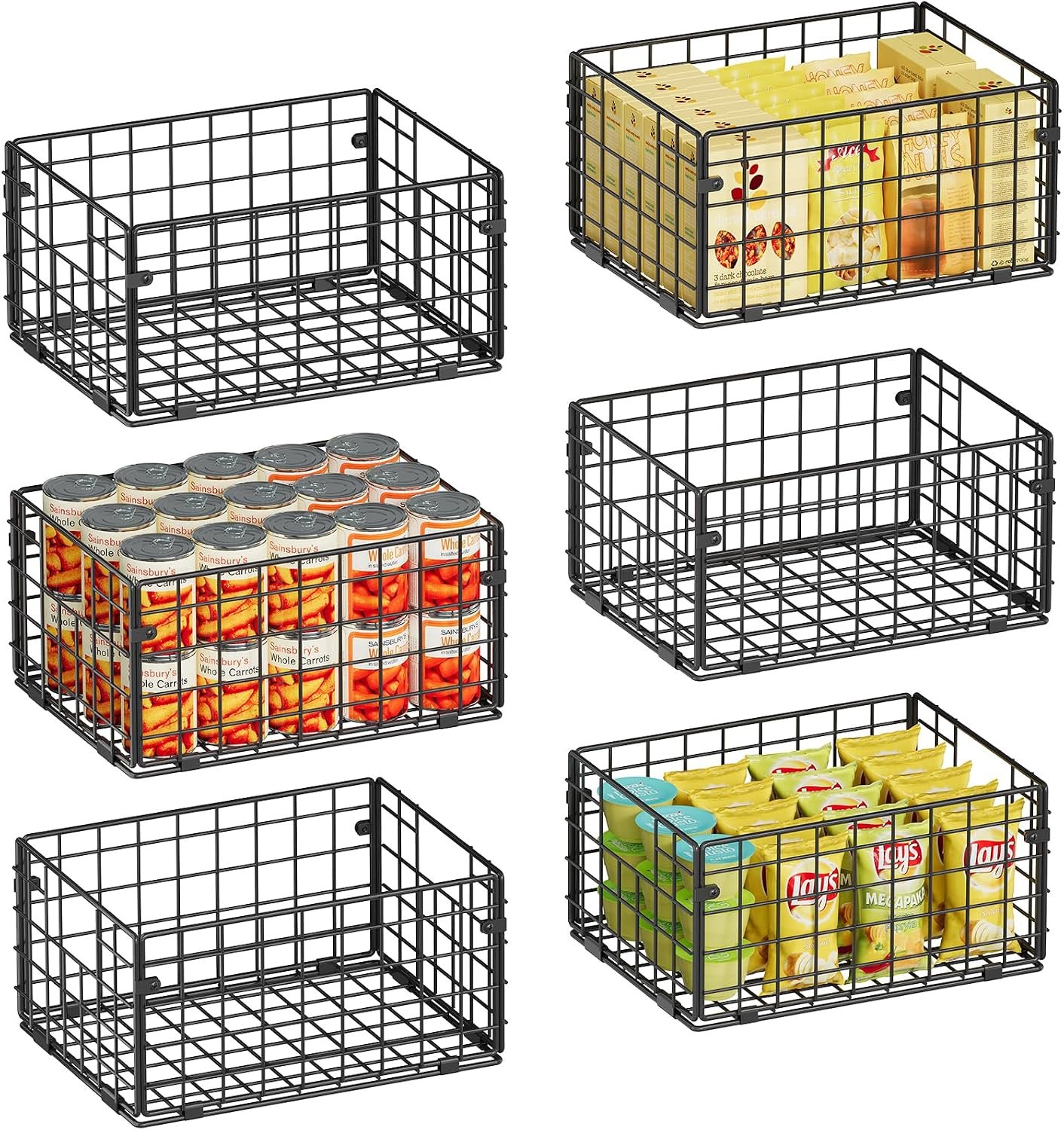 X-cosrack Metal Wire Basket Pantry Baskets Foldable Cabinet Organizers with Handles-6 Pack-12″x9″x6″, Food Storage Freezer Organizer Bins for Kitchen Bathroom Laundry Closet Garage – Patent Design