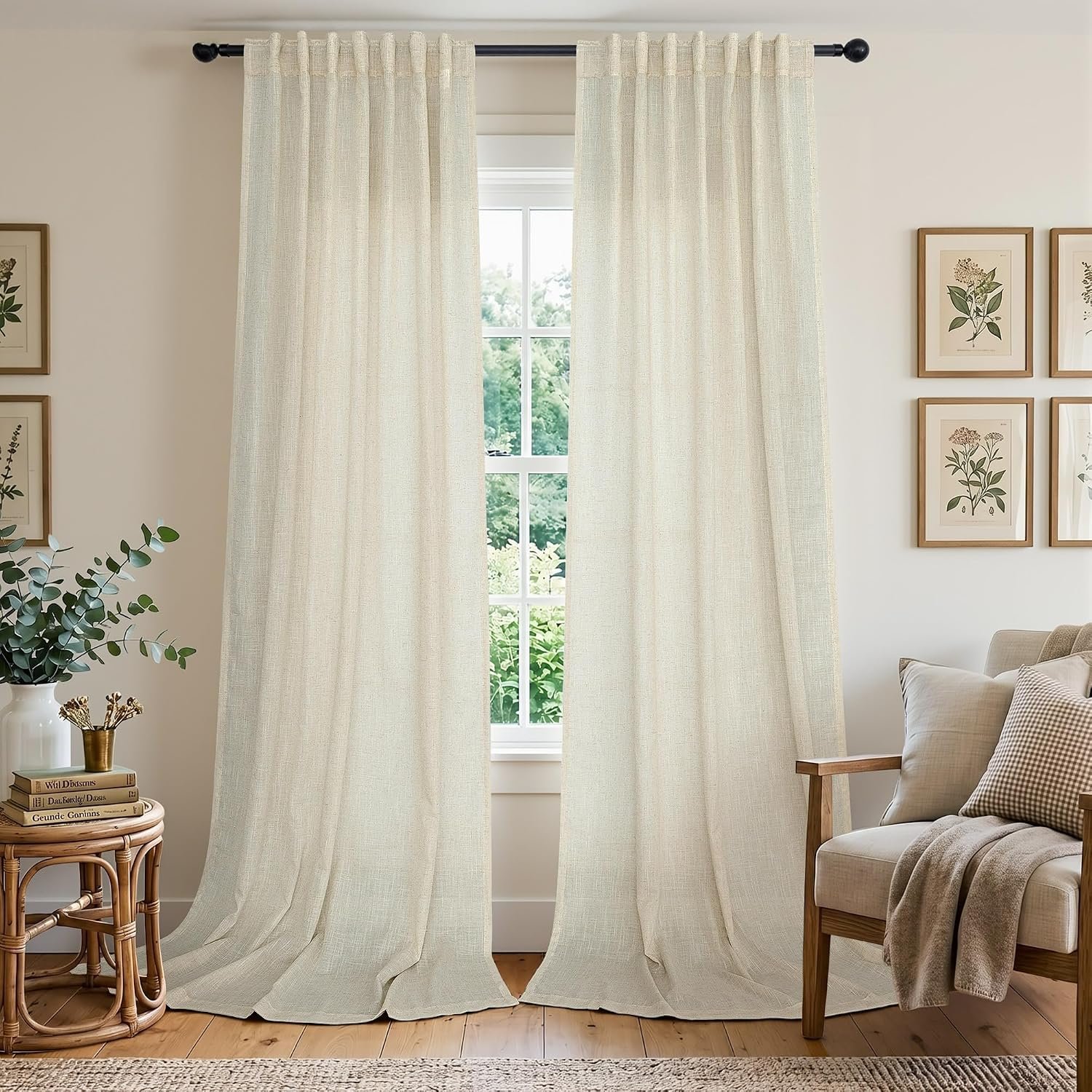 Flax Linen Curtains 84 Inch Length for Living Room 2 Panel Back Tab Rod Pocket Light Filtering Canvas Cotton Cloth Semi Sheer Tan Beige Curtain for Bedroom Burlap Earth Tone Farmhouse Decor 7 FT Taupe