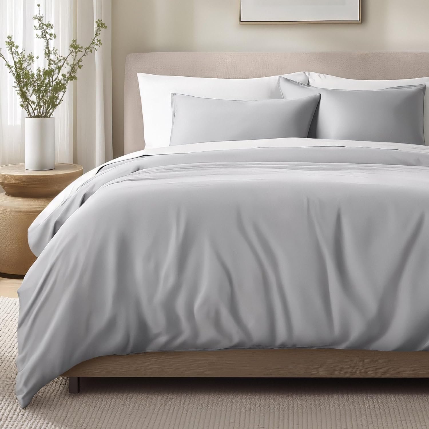 Bare Home 100% Organic Cotton Sateen Duvet Cover Set (Queen, Light Grey)