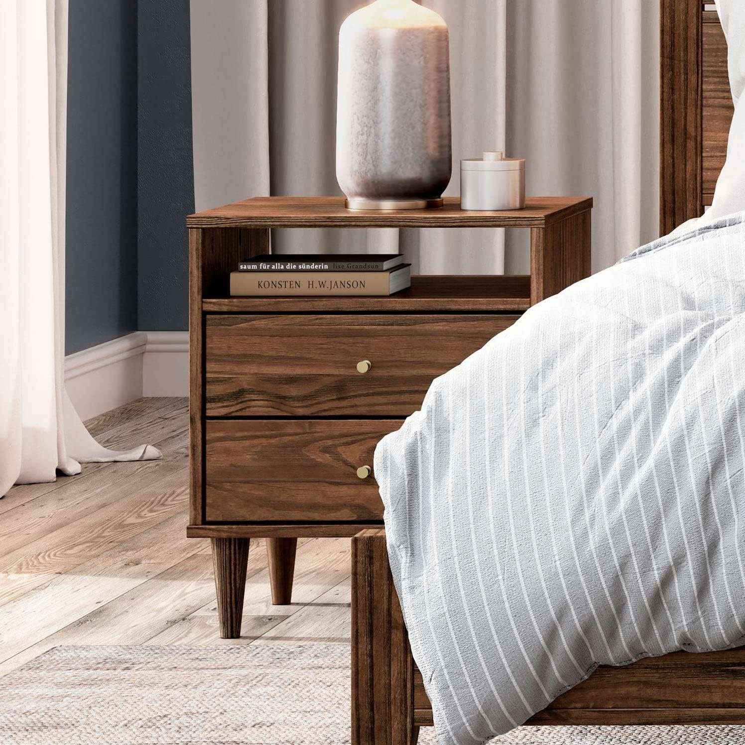 Grain Wood Furniture Mid Century 2-Drawer Nightstand, Solid Wood with a Brushed Walnut Finish