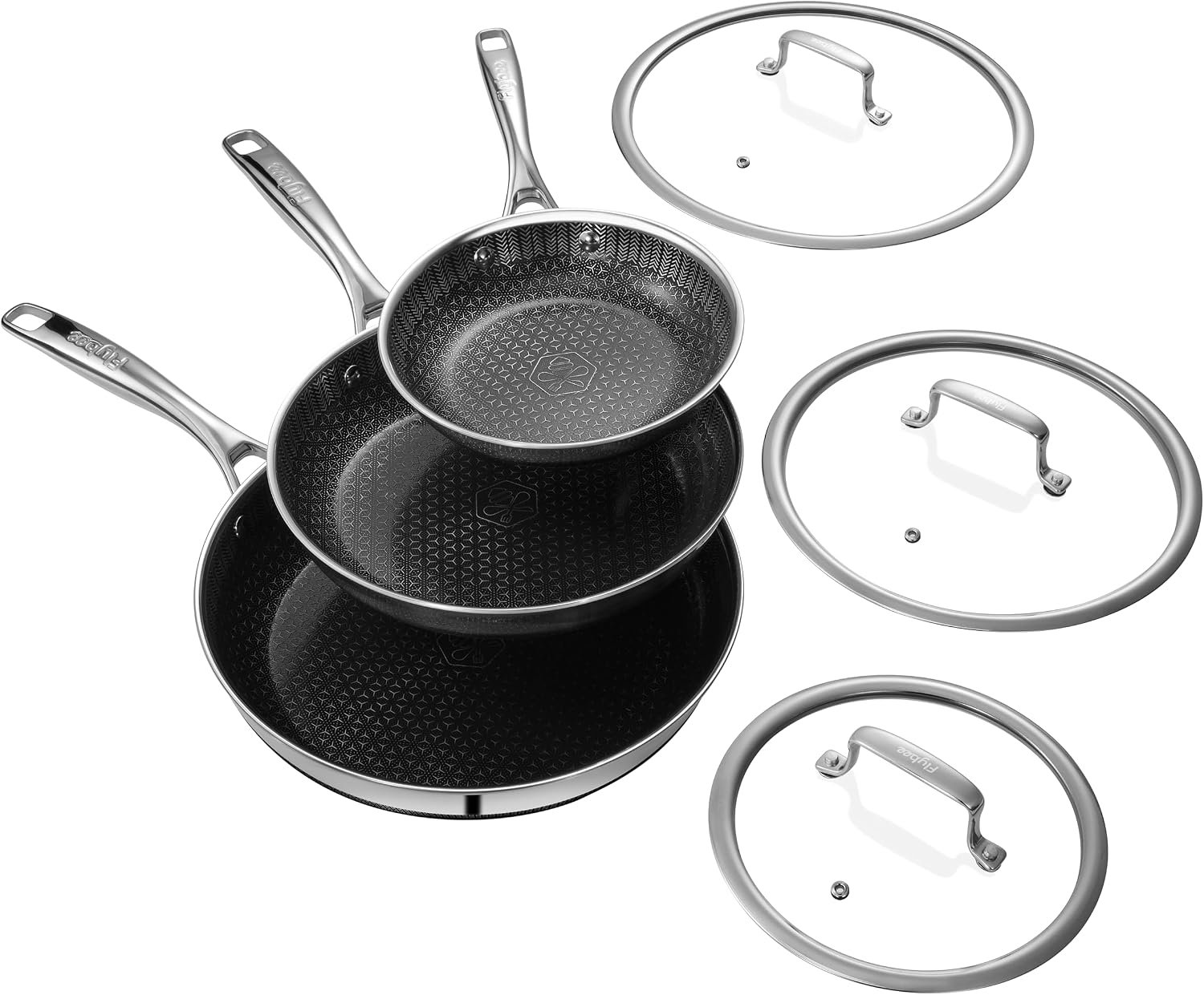 Hybrid Nonstick Frying Pan Set, 8, 10 and 12 Inch Pans with Lids