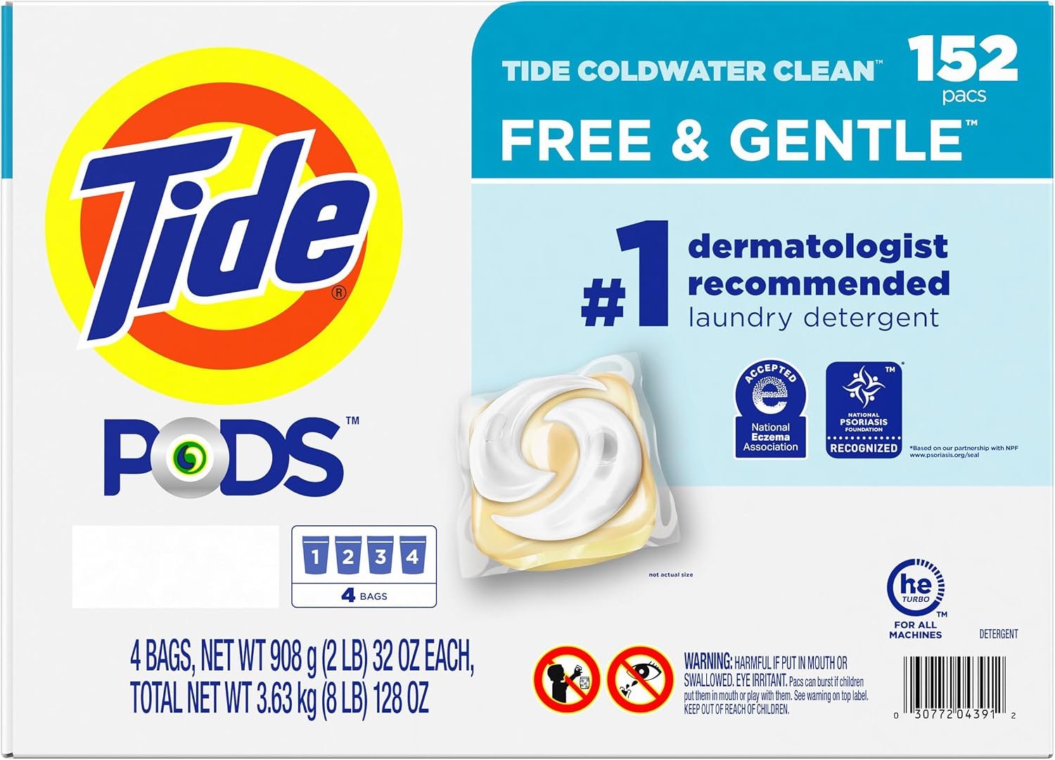 Tide PODS Liquid Laundry Detergent Pacs Free & Gentle 152-count, LARGE, White