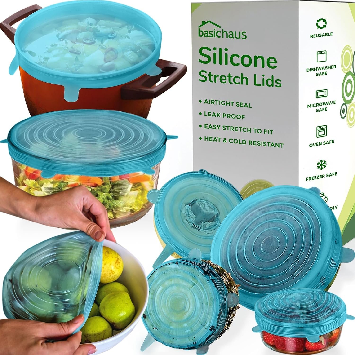 Reusable Silicone Stretch Lids for Food Storage in Fridge – Elastic Heat-Resistant Bowl Covers, Cups, Cans, Jars – Universal Food Grade Lid for Containers – 7 Pack – Blue Mist Stretchy Lid Set