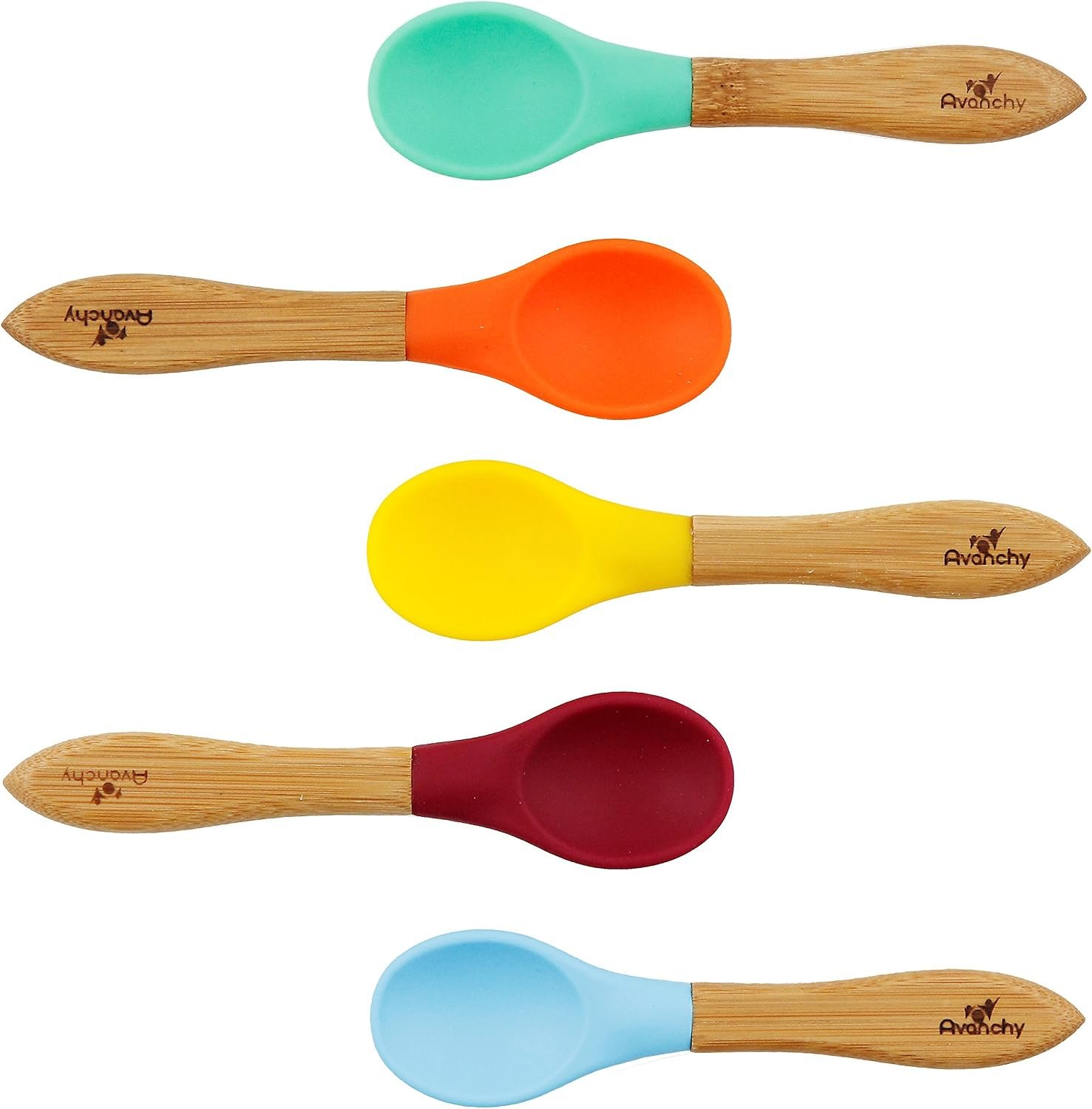 Avanchy Baby Spoons, Silicone Self Feeding Toddler Spoons, 5-Pack, Blue