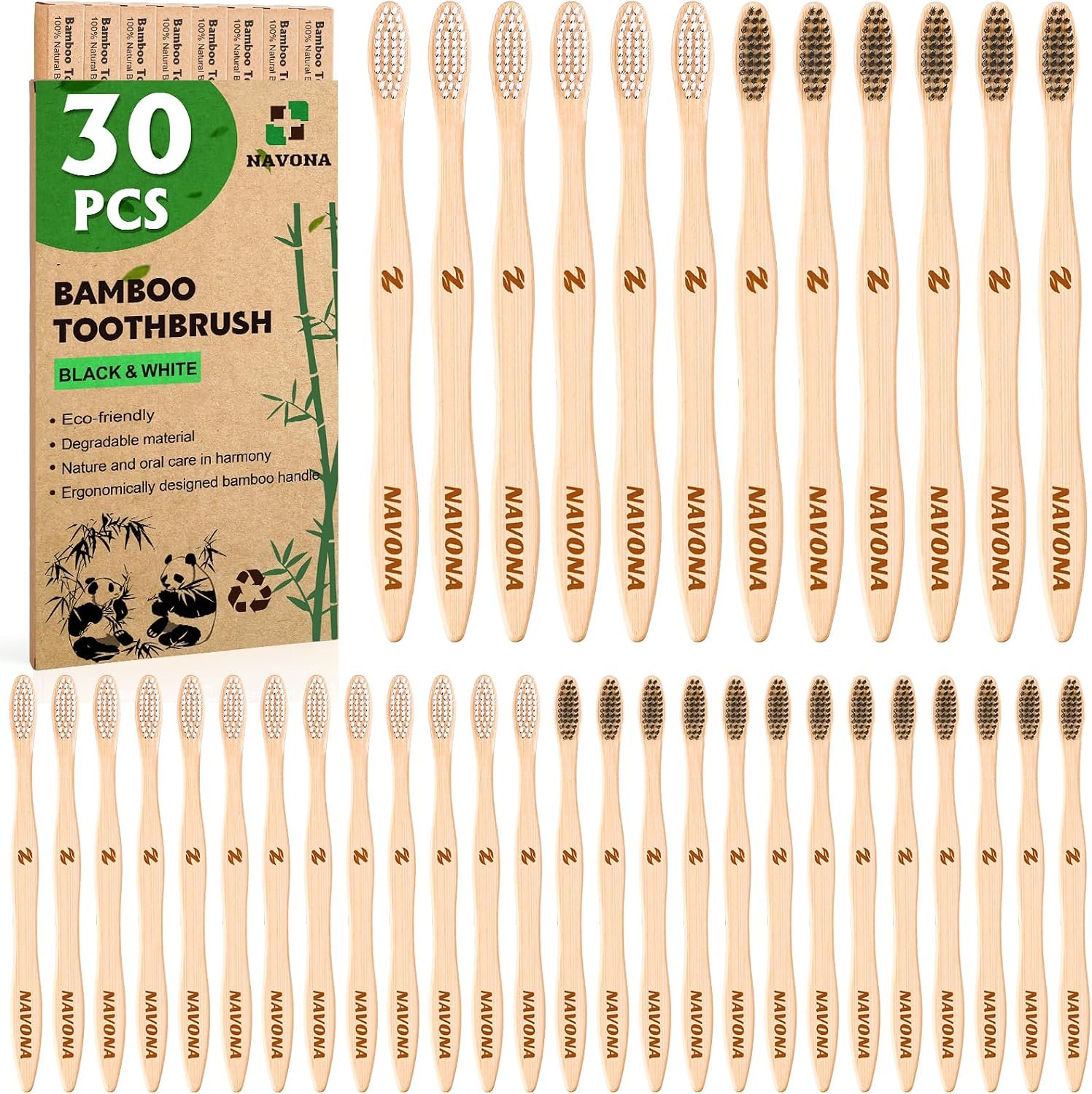 30 PCS Bamboo Toothbrushes, Individually Wrapped Wooden Toothbrushes Bulk