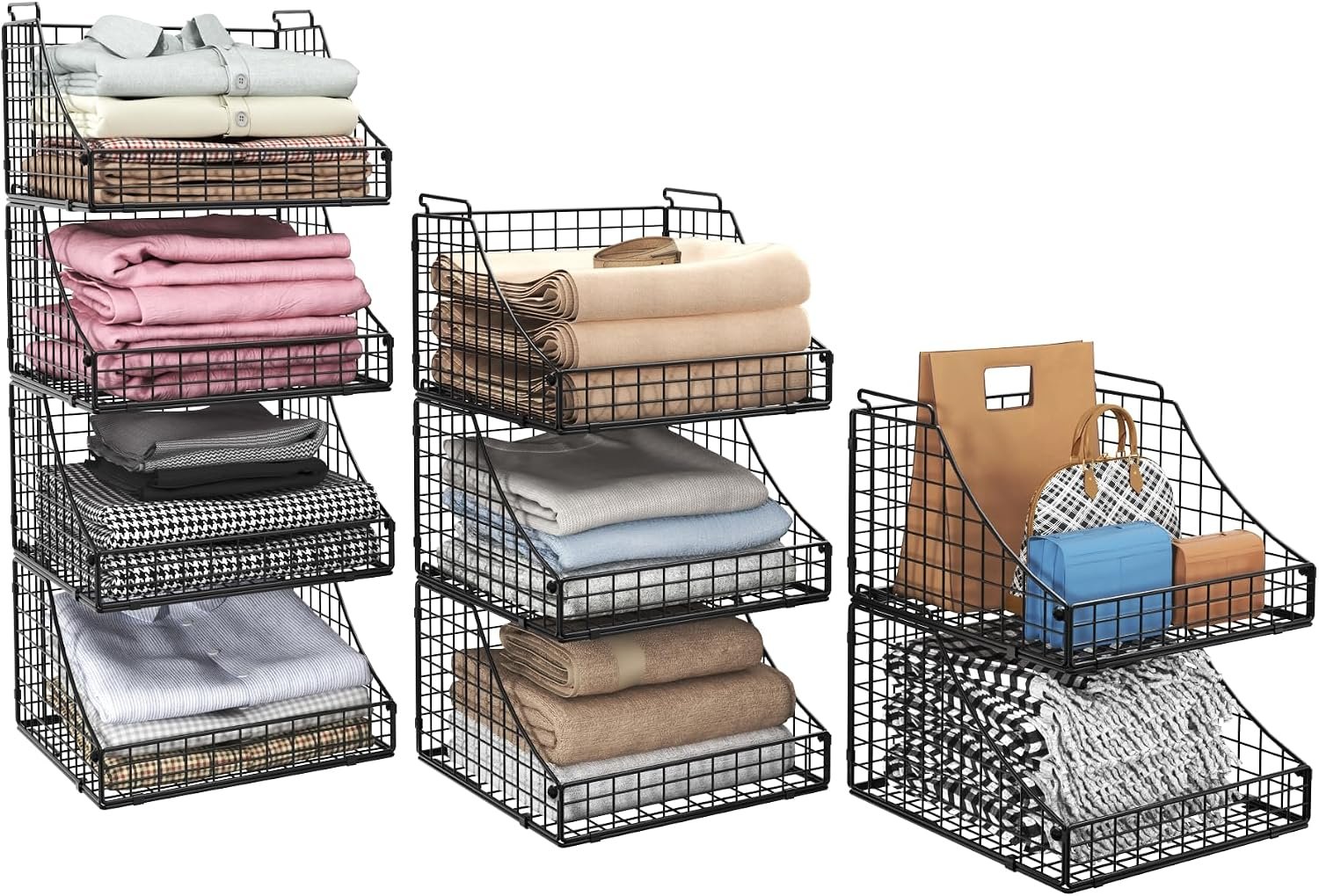 Lyuwanxian 4-Pack Stackable Wire Baskets for Closet Organizers and Storage, Open Storage Bins for Clothes, Toys, and Snacks – Rustic Metal Closet Organizer and Shelves in Black