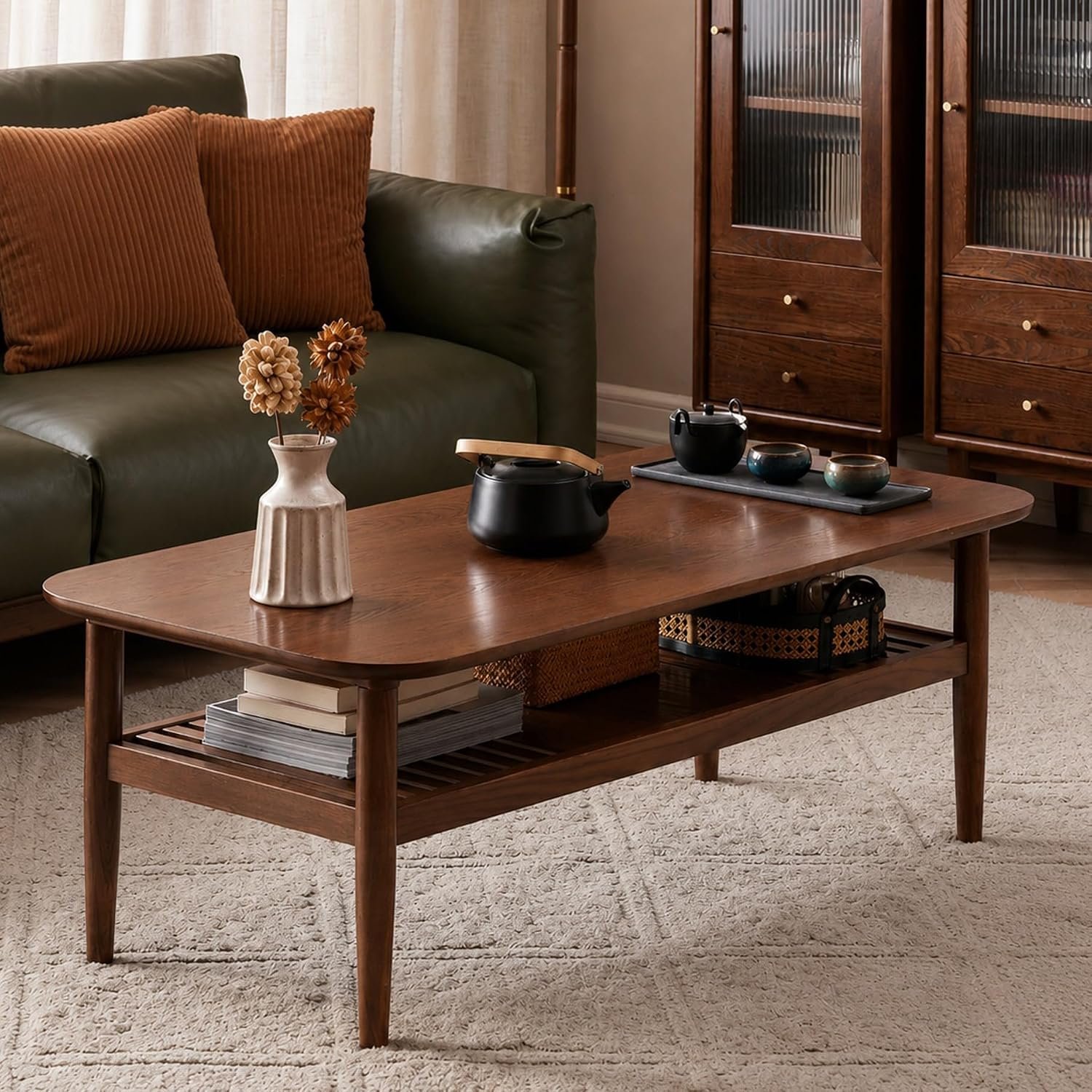 Solid Oak End Table Wood Coffee Table, Modern Simple Style, Double-Layer, Rectangular, Natural Oak, Storage, for Small Spaces (Walnut,47.2″ × 22.0″ × 16.5″)