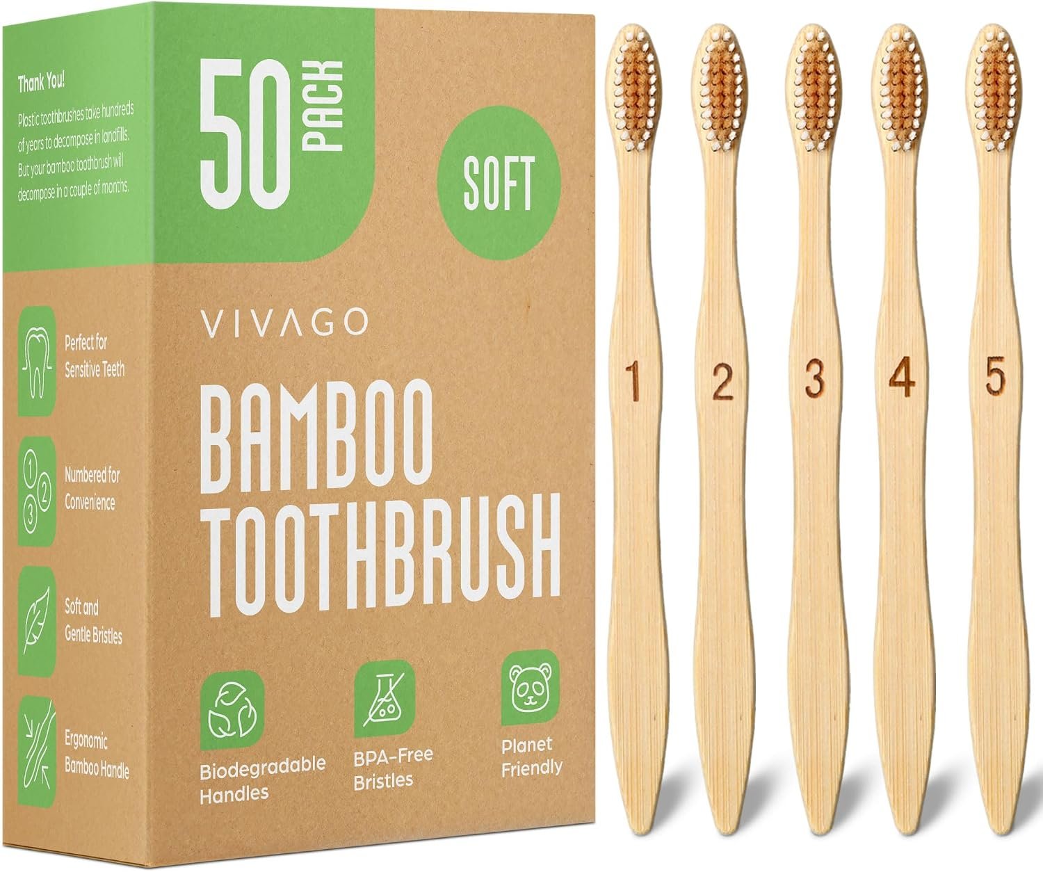 VIVAGO Bamboo Toothbrushes 50 Pack – Soft Bristles Toothbrushes for Adults