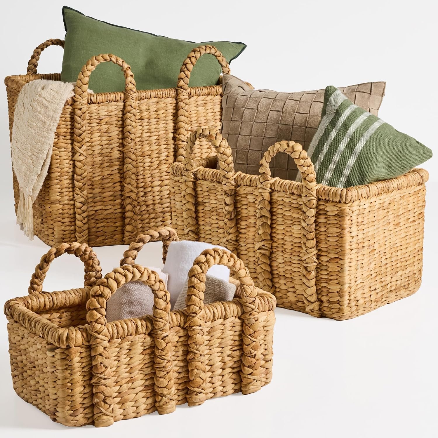 Best Choice Products 3Pc Shelf Baskets, Small, Large and XL Chunky Woven Wicker Rattan Storage Baskets w/Braided Handles, Organizer Bins for Blankets, Pillows, Shoes and Toys – Natural