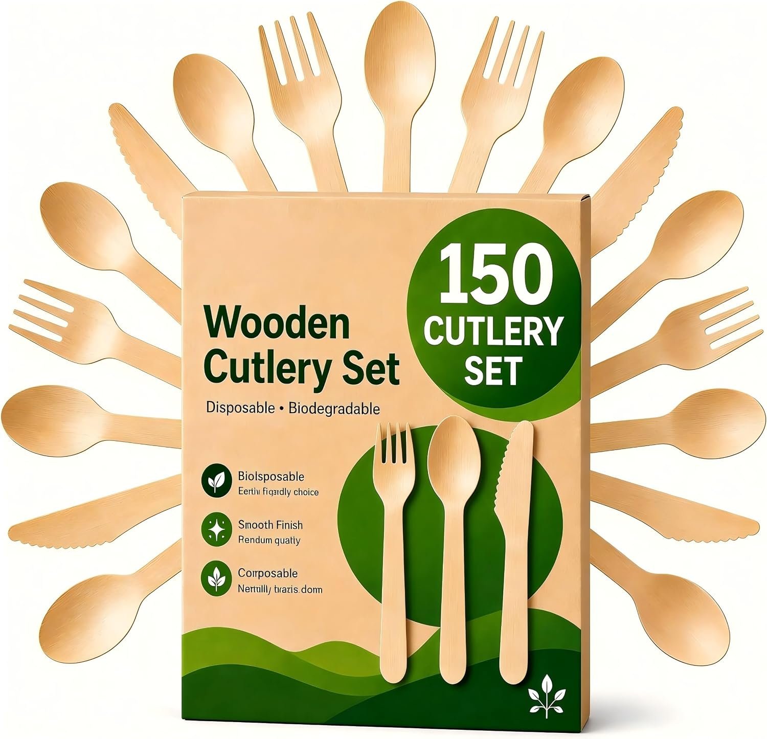 100% Compostable Cutlery Set – 150 Pieces Wooden Utensil Set [50 Wooden Forks, Wooden Spoons, Knives] – Disposable Wooden Cutlery, Eco Friendly Forks, Spoons, Knives Set Compostable Utensils