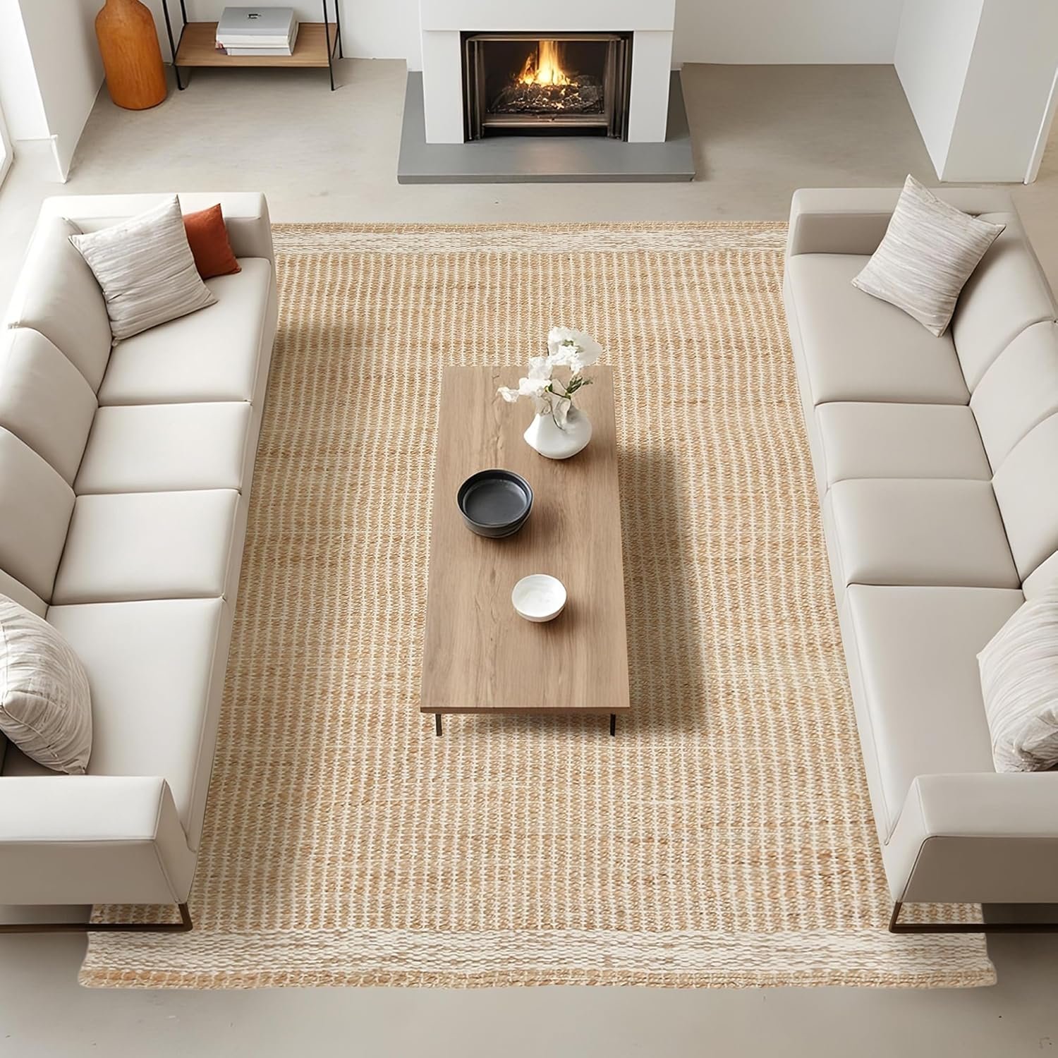 8×10 feet Natural Jute & Wool Area Rug,– Handwoven Mini Check Natural Fiber Rug with 4″ Border, Neutral Boho Farmhouse Rug for Living Room,Dining Room,Bedroom | 0.6″ Pile (8′ x 10′)