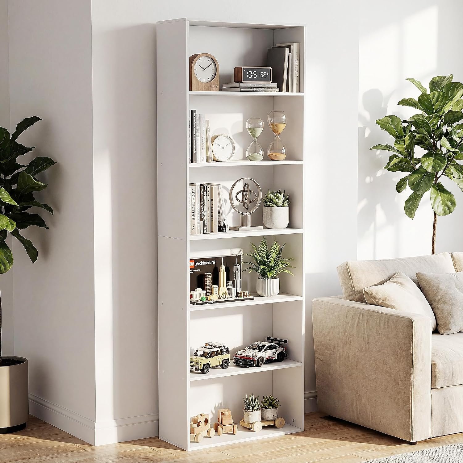 GRUSIGN 71″ Tall 6-Tier Bookshelf, Large Open Display Bookcase with Ample Storage, Floor Standing Book Shelf for Living Room, Home Office, Bed Room, White