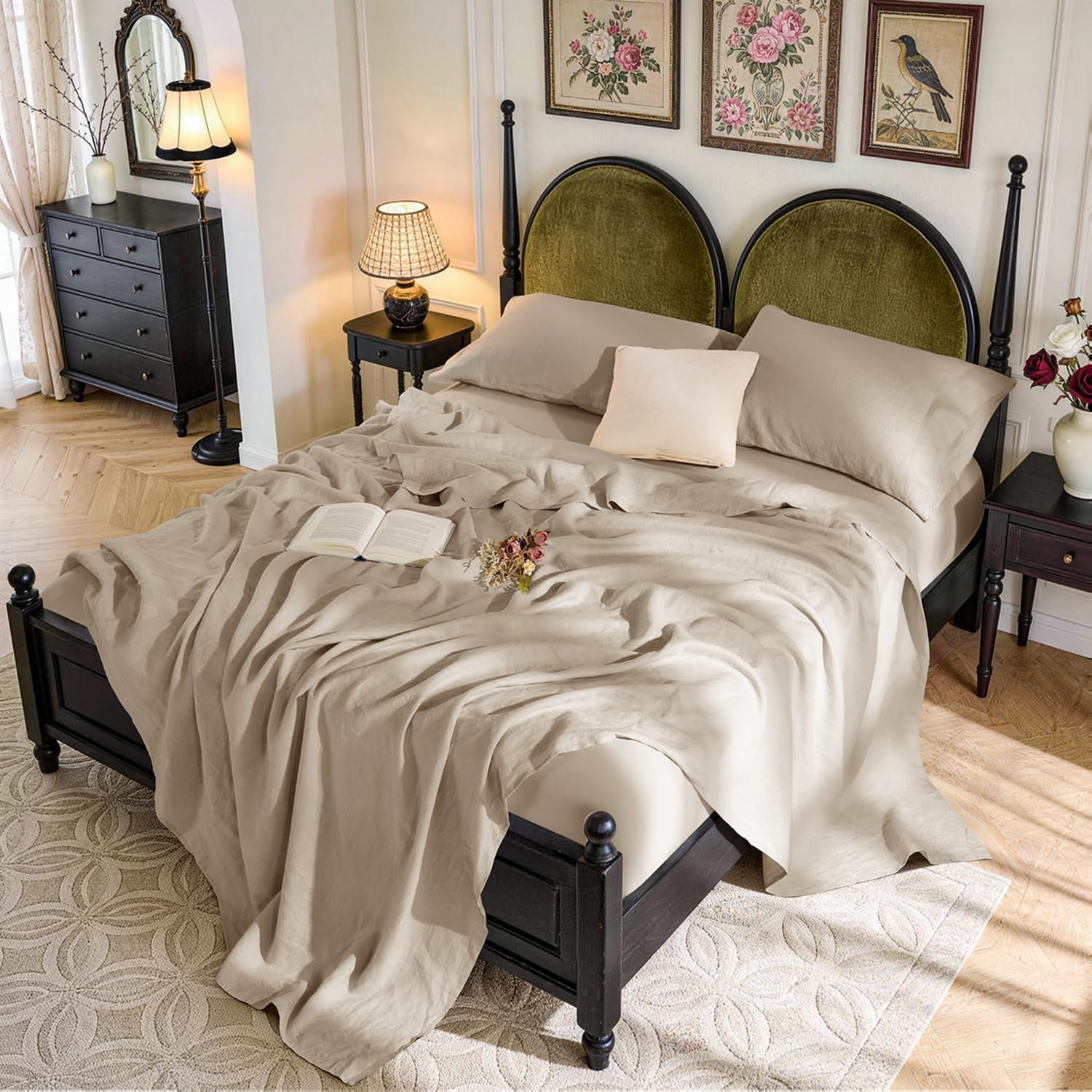 SONORO KATE 100% French Linen King Size Sheets Set,Natural Flax Bedding