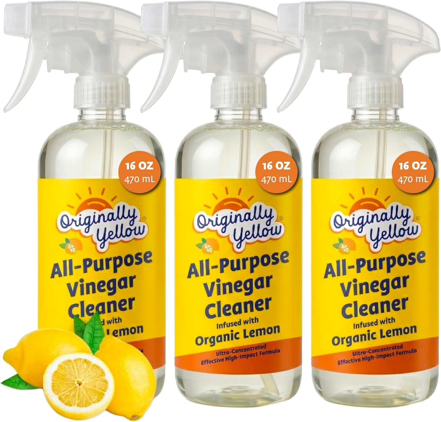 Originally Yellow Lemon Vinegar All Purpose Cleaning Spray | Distilled Cleaning Vinegar | Plant-Derived All Purpose Cleaner | Living Room, Bathroom, & Kitchen | 3 Pack