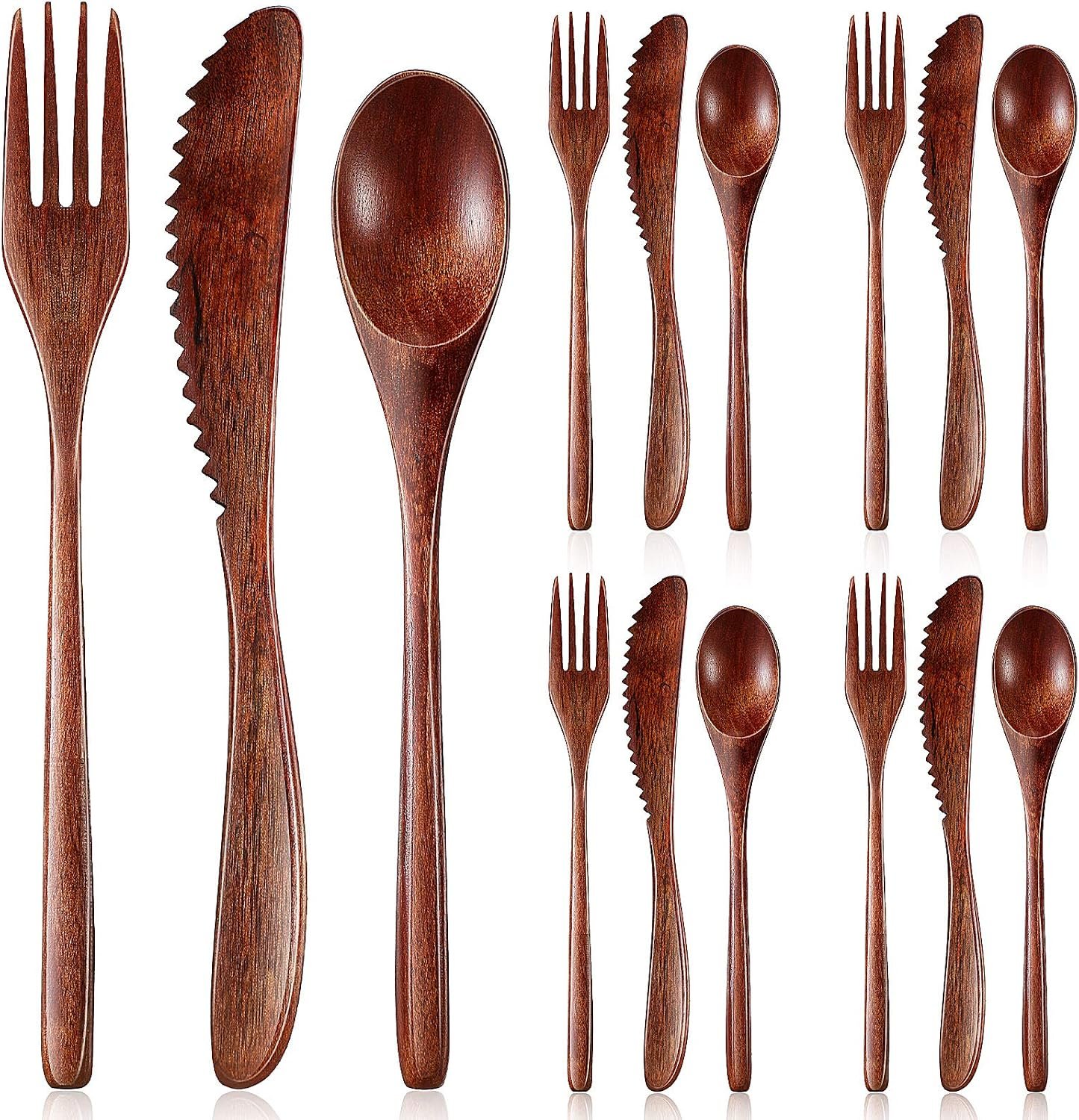Geiserailie 12 Pcs Wooden Utensils for Eating Wooden Spoon Fork Knife Set