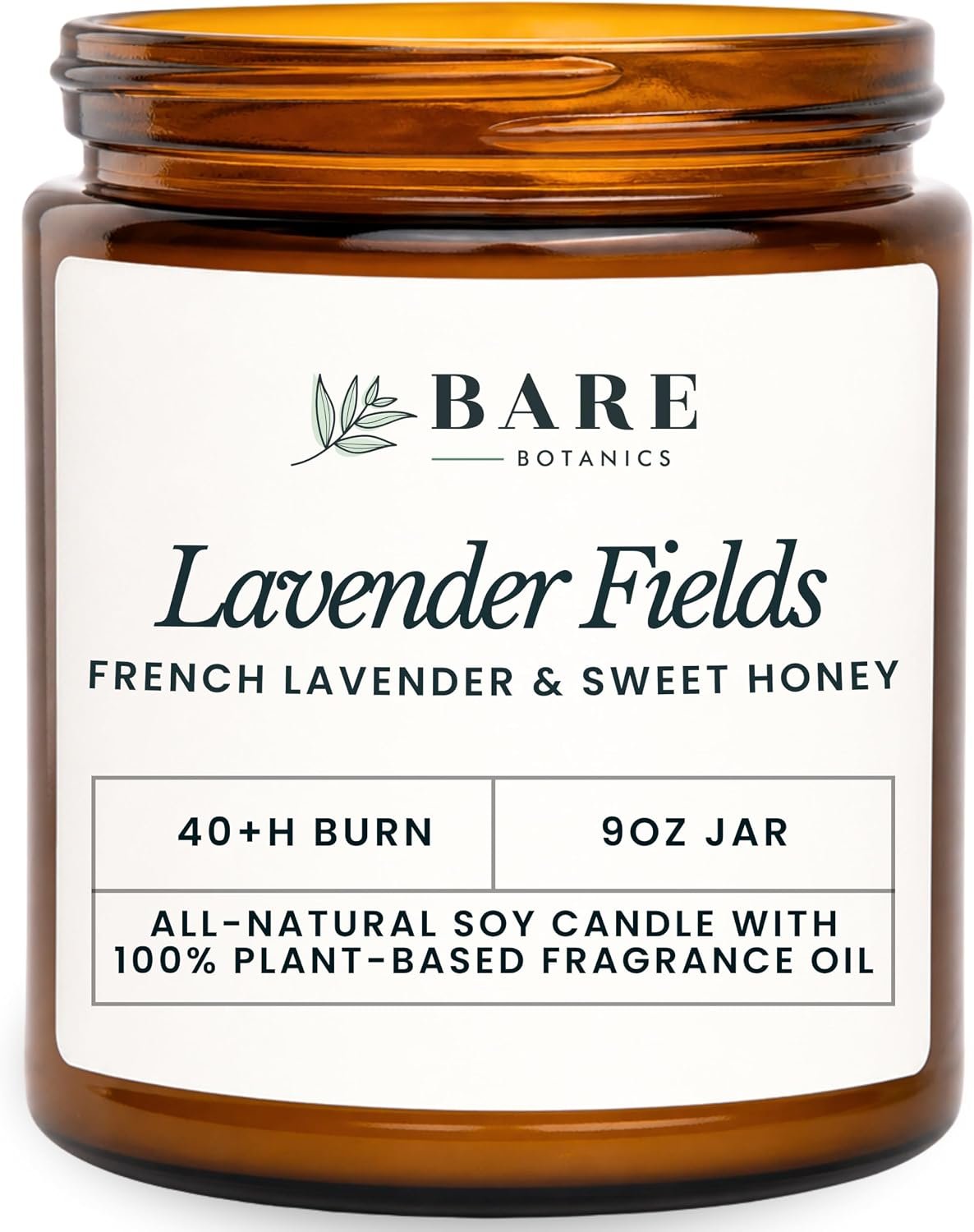 Bare Botanics 9oz Non Toxic Soy Candle Lavender Fields – 40+ Hour Burn
