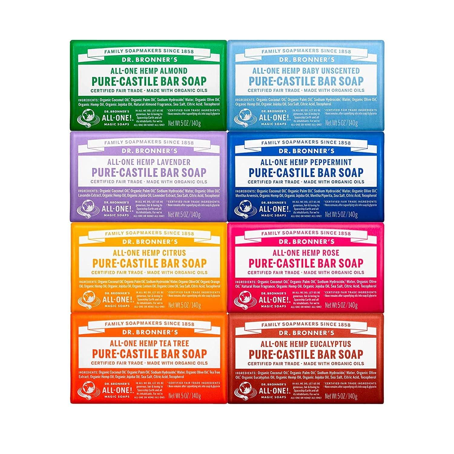 Dr. Bronner’s Pure-Castile Magic Bar Soap (5 oz Variety Pack) Almond, Unscented, Lavender, Peppermint, Citrus, Rose, Tea Tree, & Eucalyptus – Made with Regenerative Organic Certified Oils, Vegan