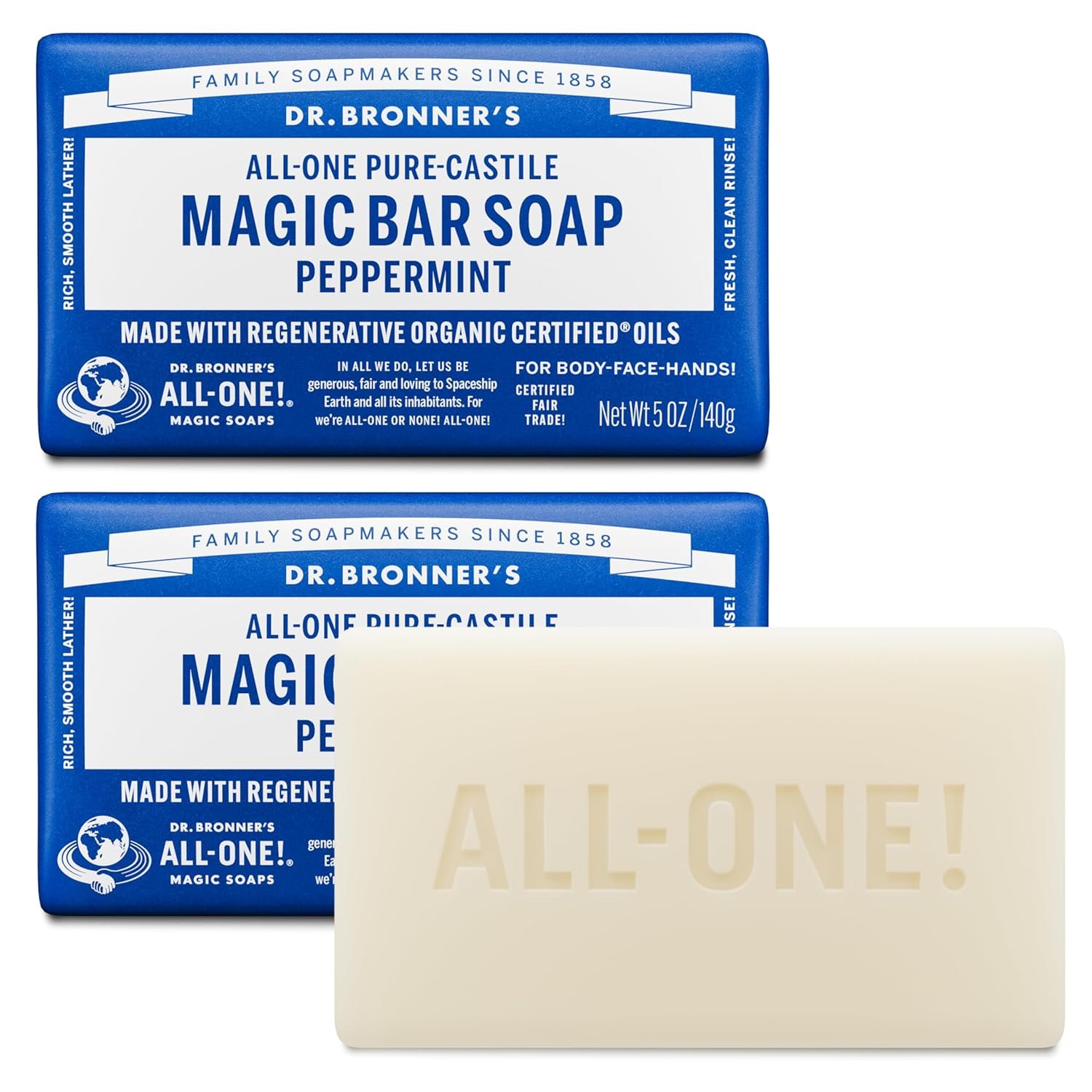 Dr. Bronner’s Castile Bar Soap for Men & Women, Peppermint, 5 oz, 2-Pack