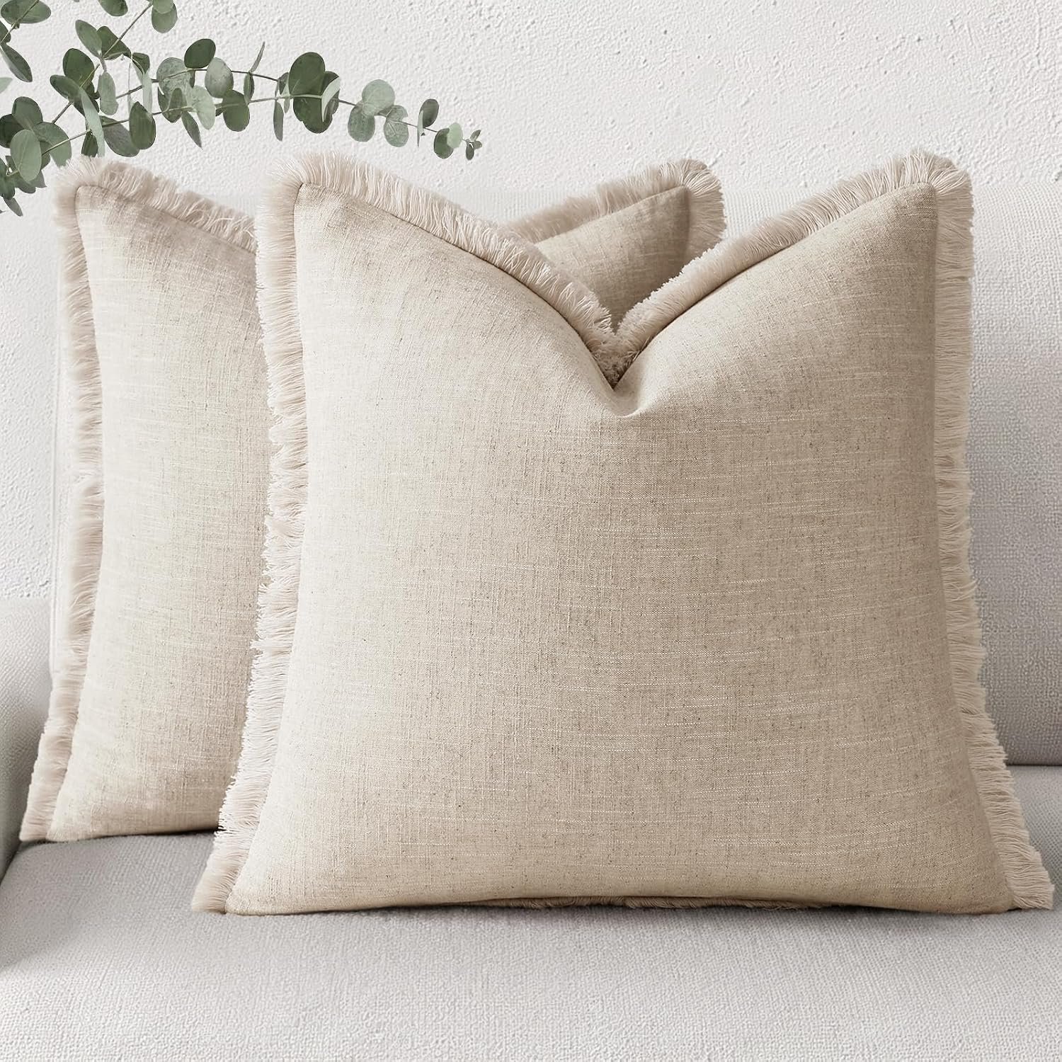 decorUhome Linen Fringe Natural Beige Throw Pillow Covers 18×18 Set of 2