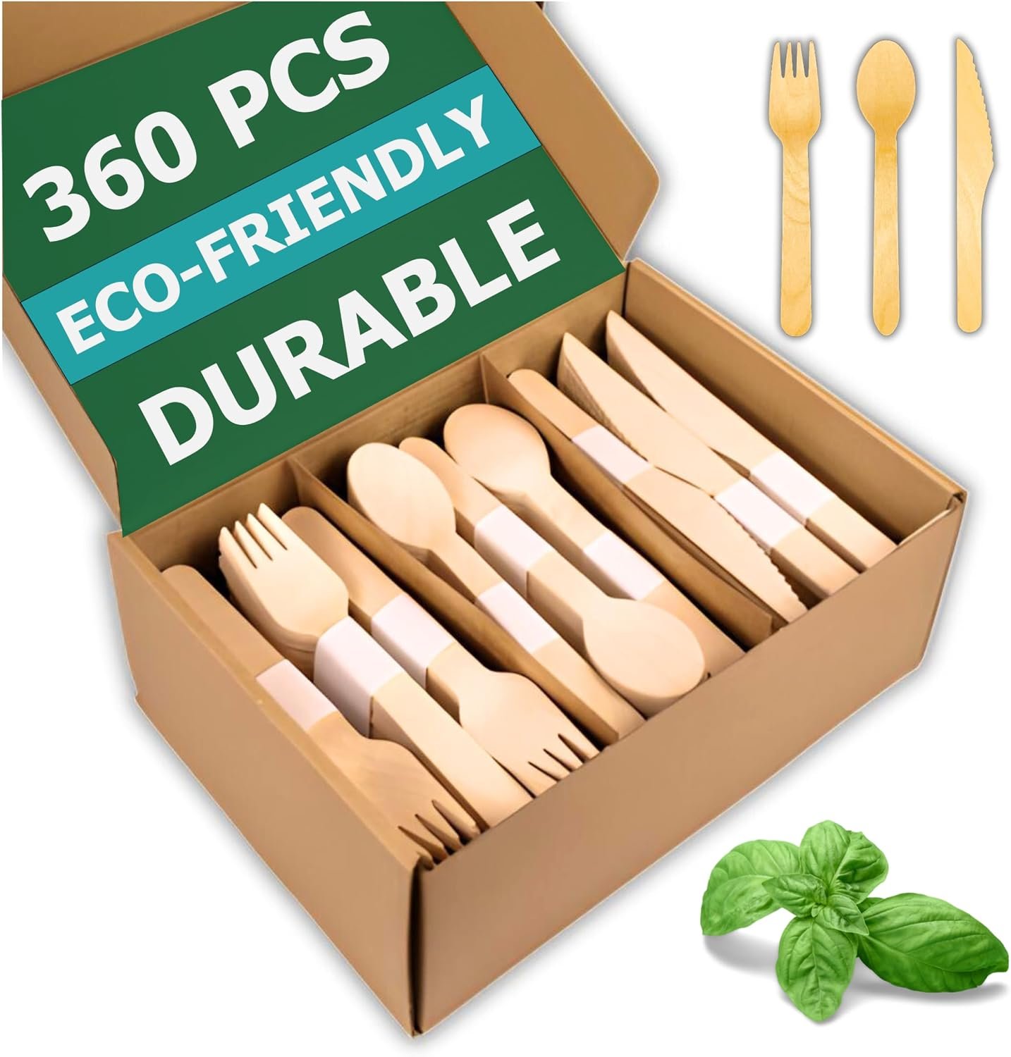 Disposable Wooden Cutlery Set 360 PCS – 100% Compostable Wooden Silverware [120 Forks, 120 Spoons, 120 Knives] – Wooden Disposable Utensils – Compostable Forks and Spoons – Silverware