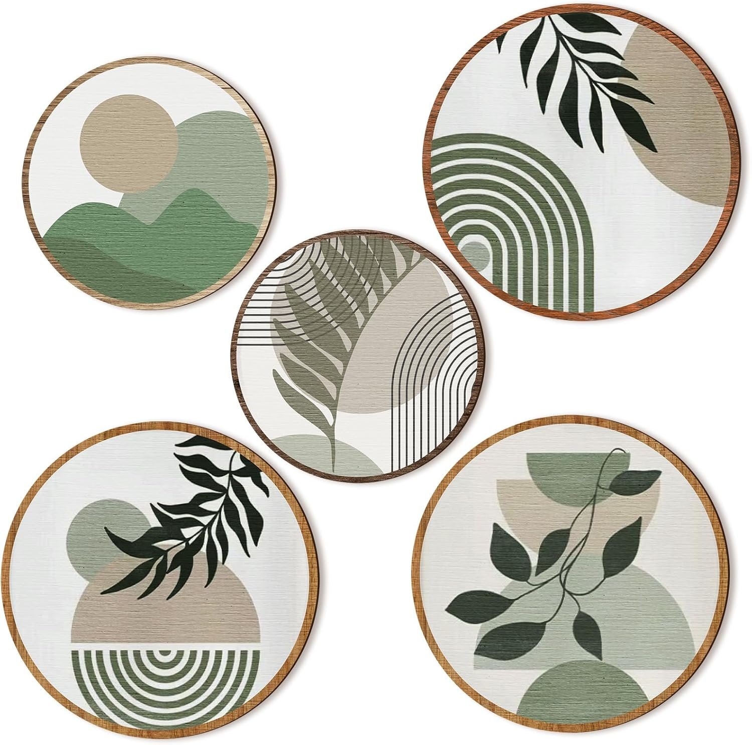 Qunclay 5 Pcs Boho Wall Decor Wood Circle Wall Art Set, Greenery