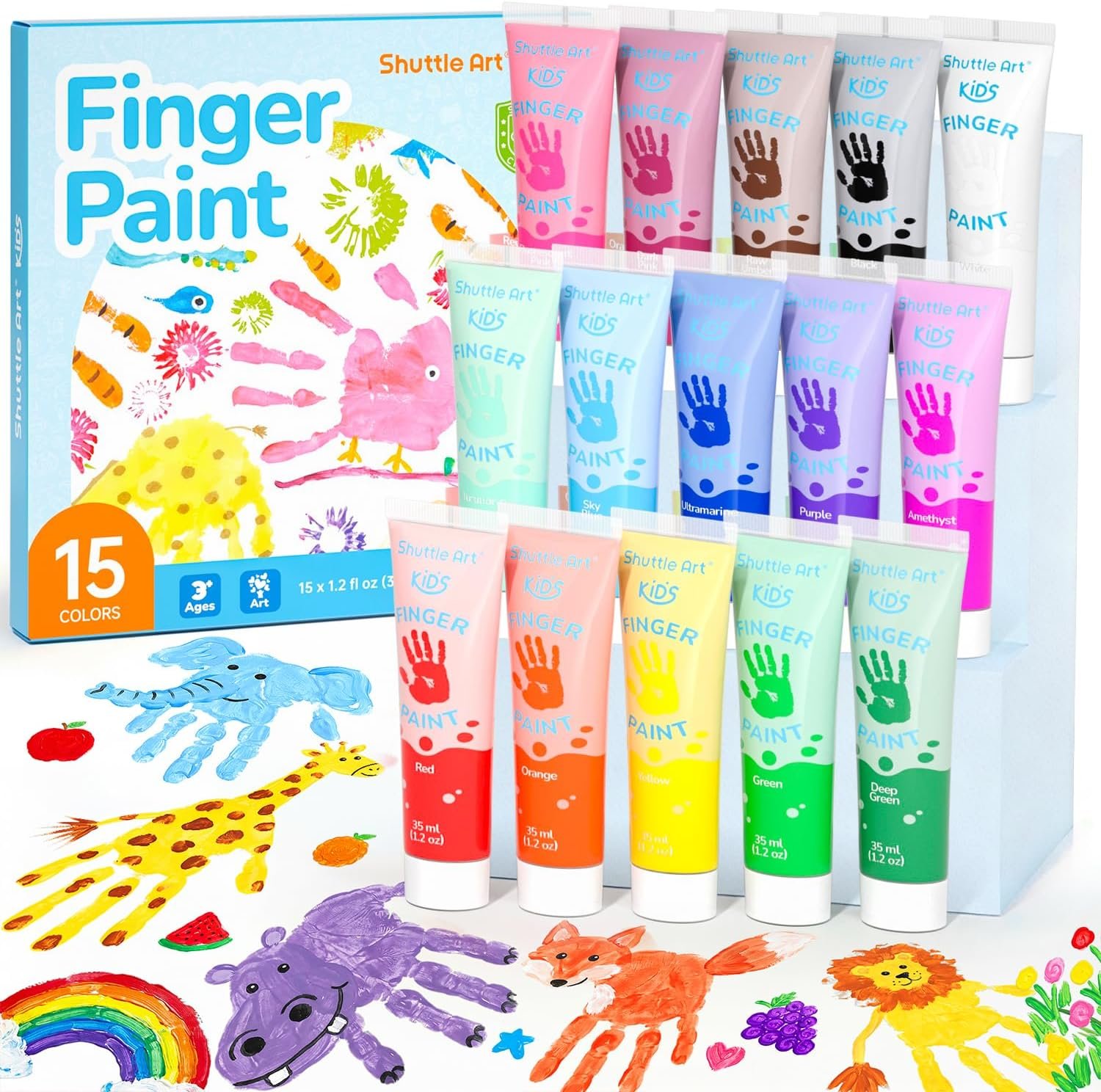 Shuttle Art Washable Finger Paint for Toddlers, 15 Vibrant Colors (1.2 fl oz) Toddler Paint, Non-Toxic Finger Painting for Toddlers 1-3, Kids Arts and Crafts
