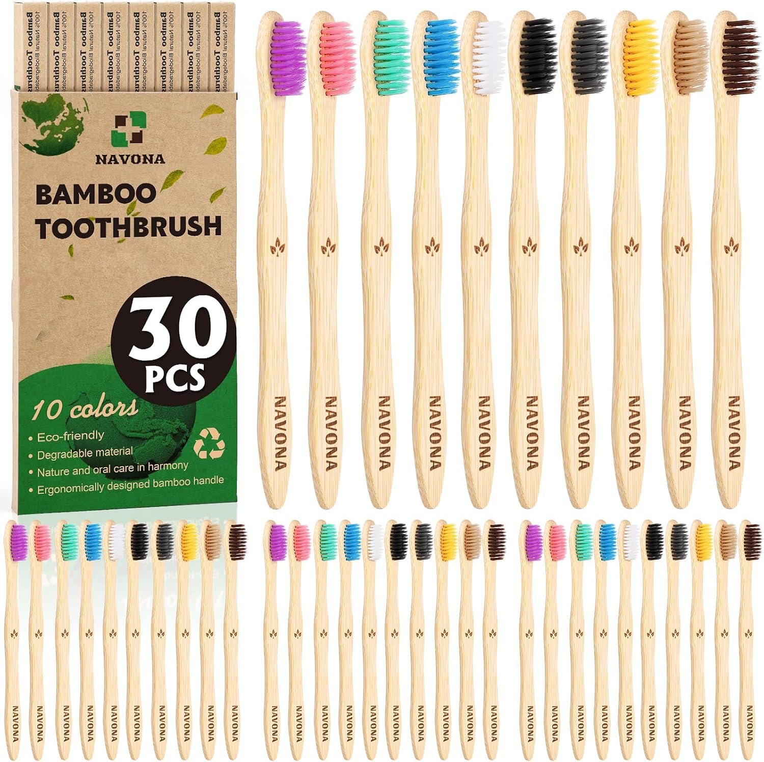 30 PCS Bamboo Toothbrushes, Individually Wrapped Wooden Toothbrushes Bulk