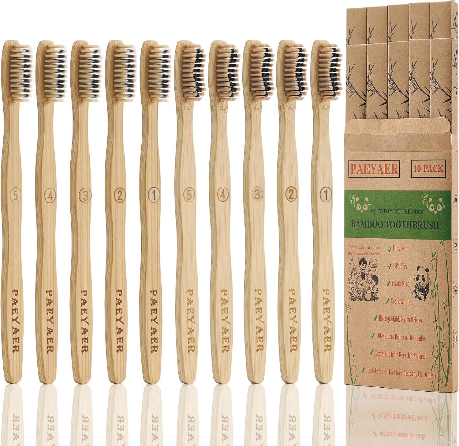 10 Pack Bamboo Toothbrushes,5 Soft 5 Medium Bristles for Adults Eco-Friendly Wooden Handle BPA-Free