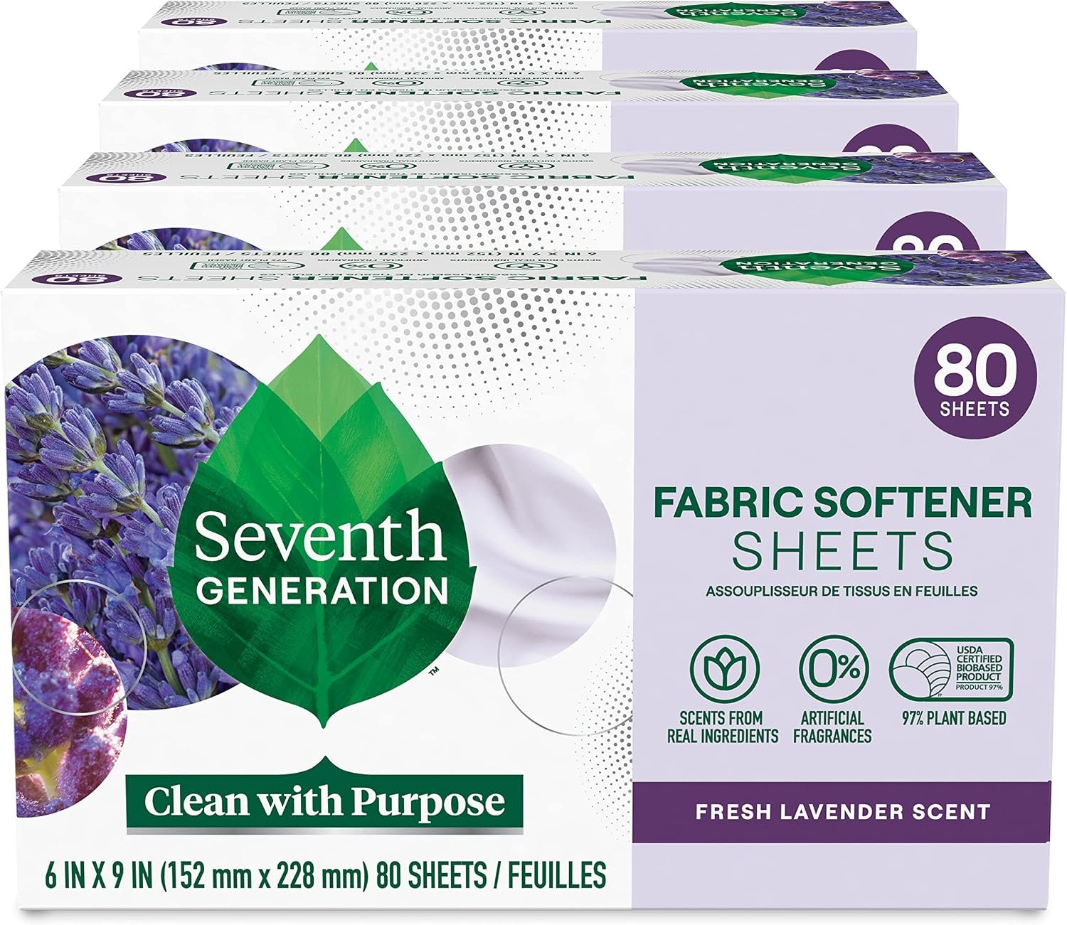Seventh Generation Dryer Sheets Fabric Softener Fresh Lavender Scent with 100% Essential Oils and Botanical Ingredients 80 Sheets (Pack of 4)