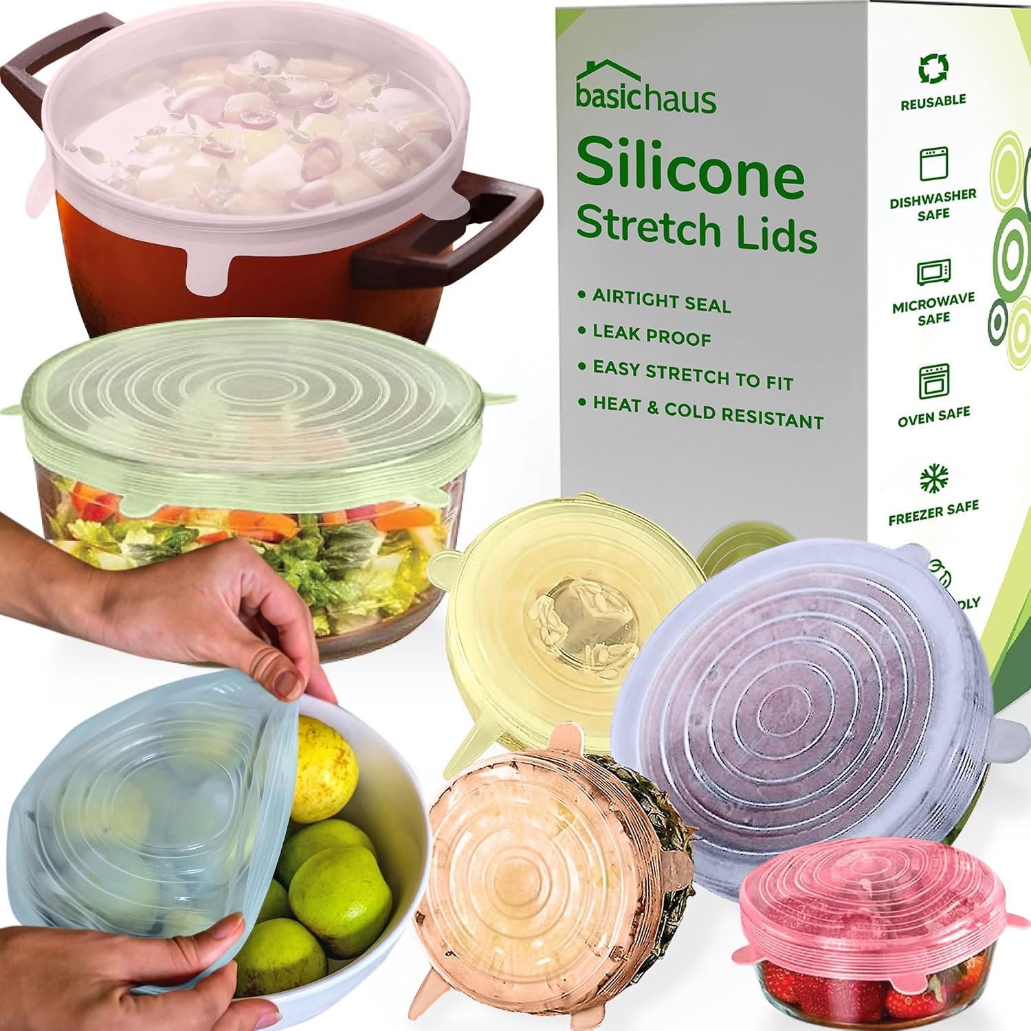 Reusable Silicone Stretch Lids for Food Storage in Fridge – Elastic Heat-Resistant Bowl Covers, Cups, Cans, Jars – Universal Food Grade Lid for Round and Rectangle Containers – 7 Pack