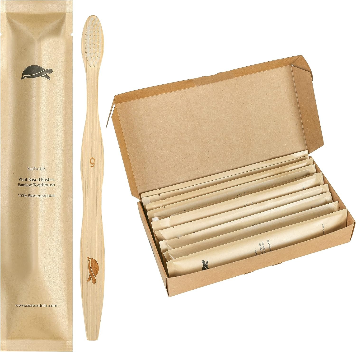 Sea Turtle Plant-Based Bristles, Soft Bamboo Toothbrushes, Individually Sealed (10 Pack)