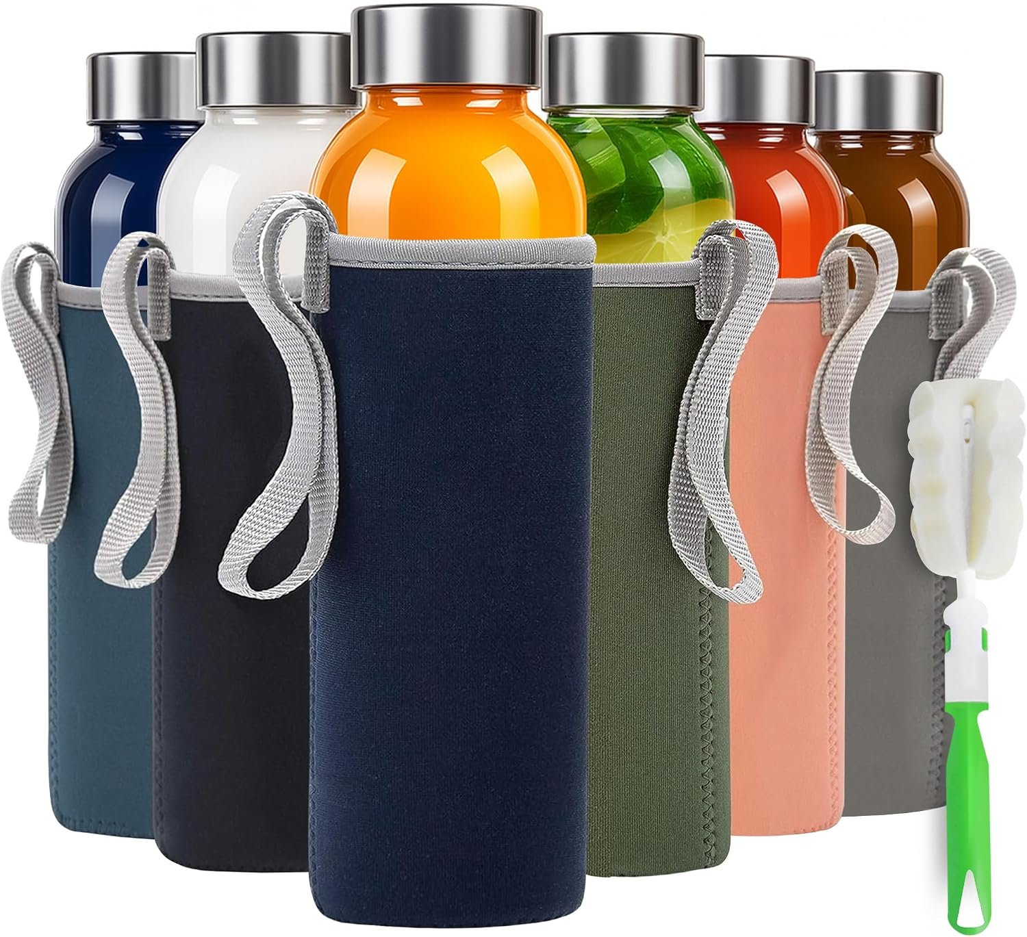 Epica Clear Glass Bottles with Lids, 18 oz Water Bottles, with sleeves