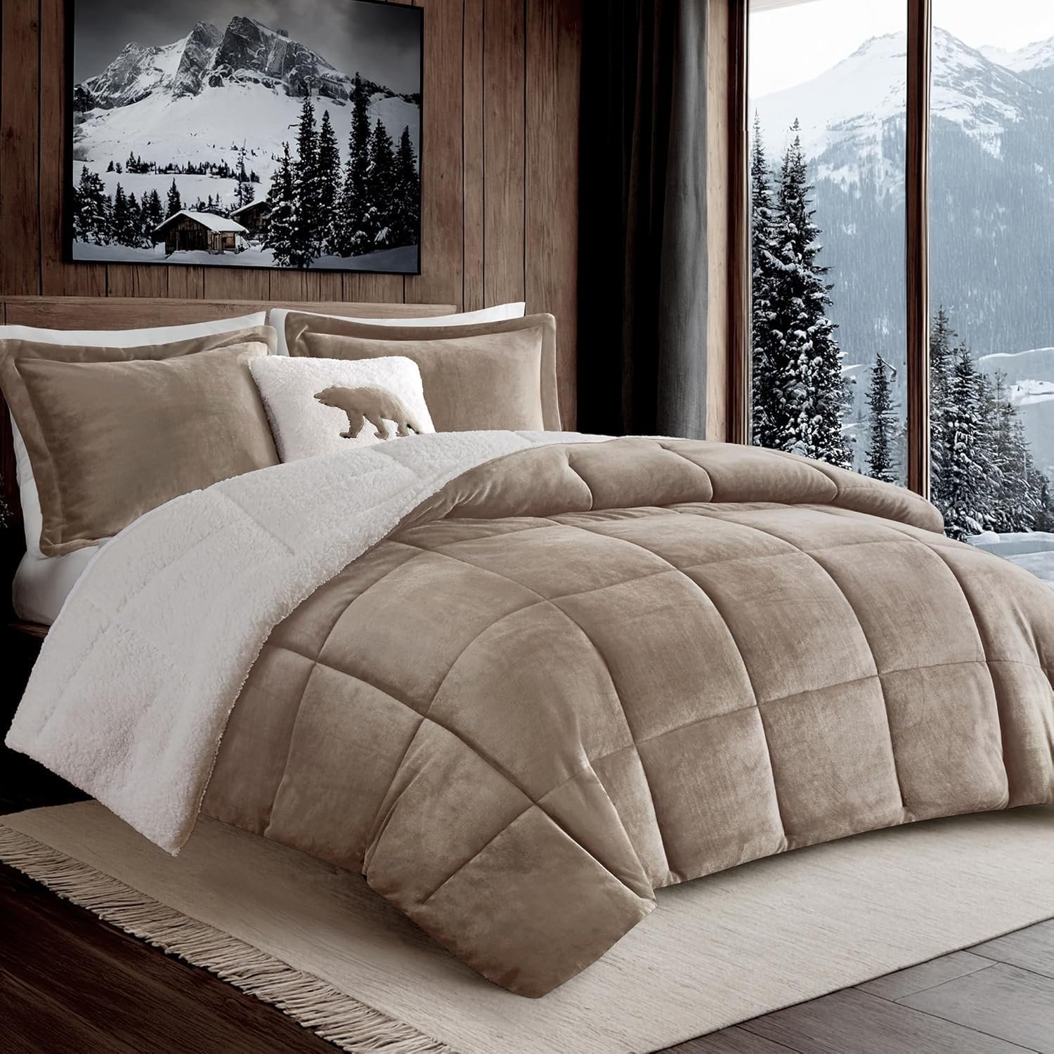 Woolrich Soft Plush Sherpa Reversible King Comforter Set, Taupe & Ivory 4PC