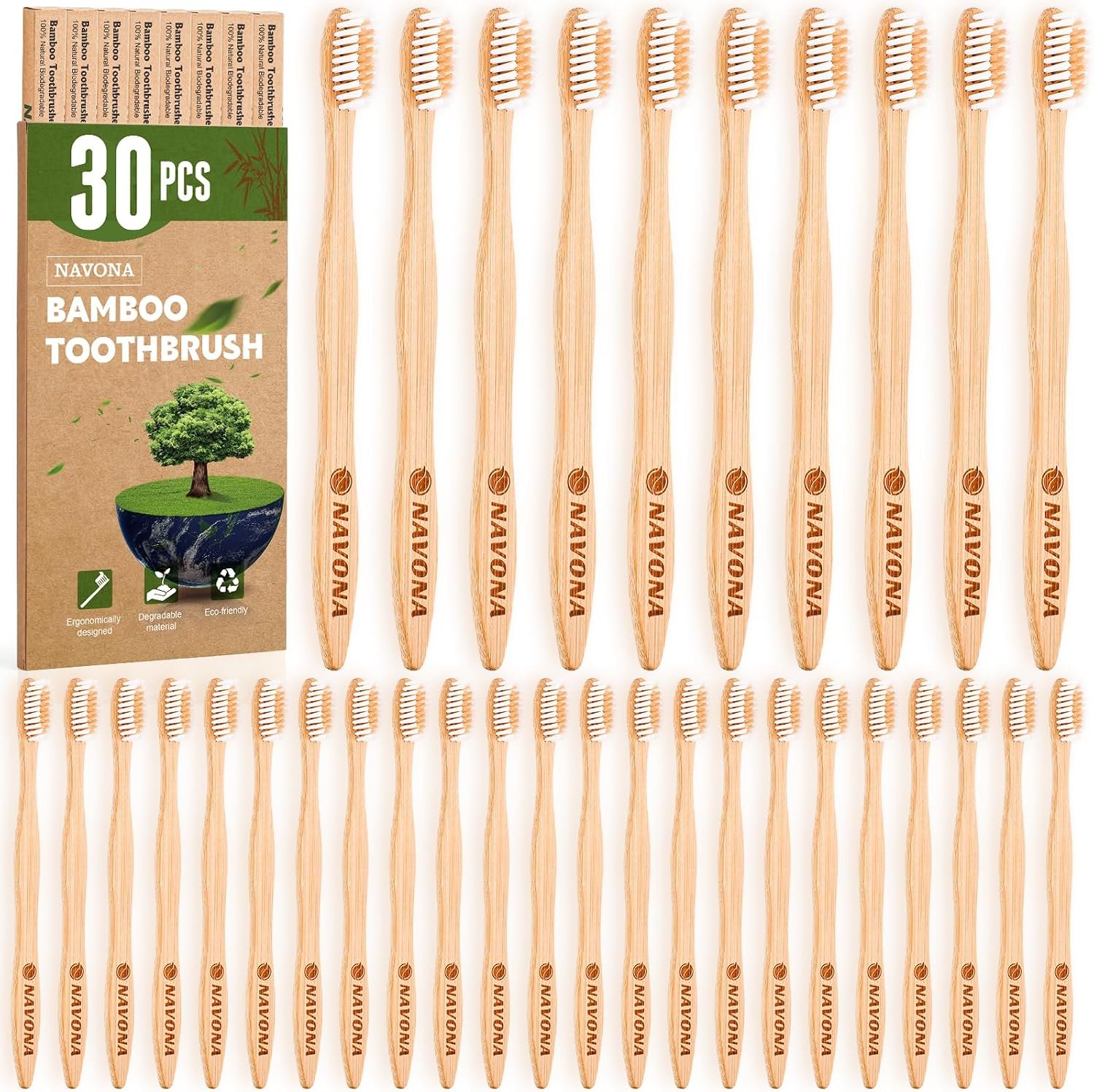 30 PCS Bamboo Toothbrushes Pack, Natural & Eco-Friendly Wooden Toothbrush